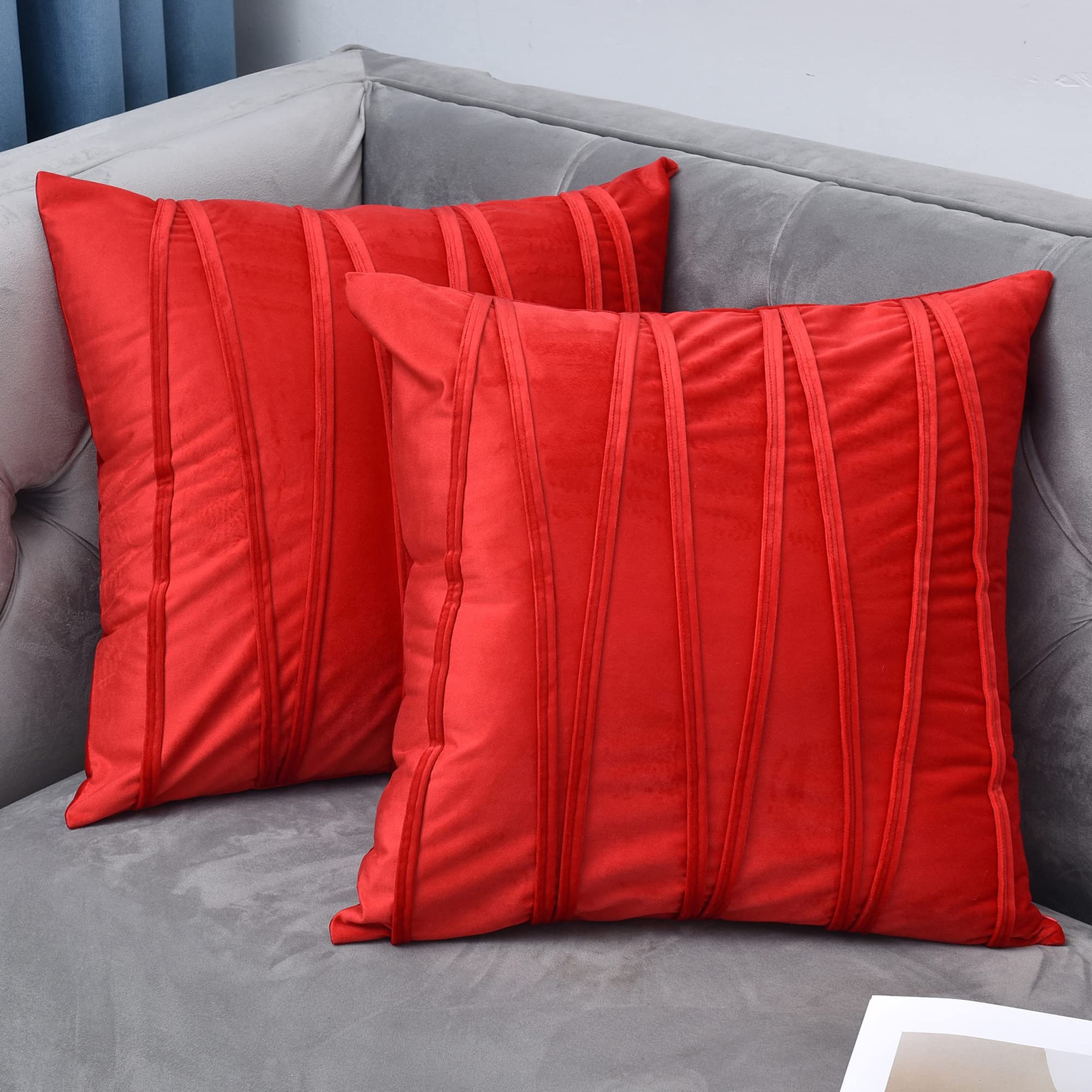 NianEr 16x16 Inch Decorative Plush Velvet Throw Pillow Covers Set of 2 - Soft Square Sofa Couch Accent Pillows for Bedroom, Living Room (Red) - Perfect for Home Decor, Cozy Reading Nook & Lounge Areas