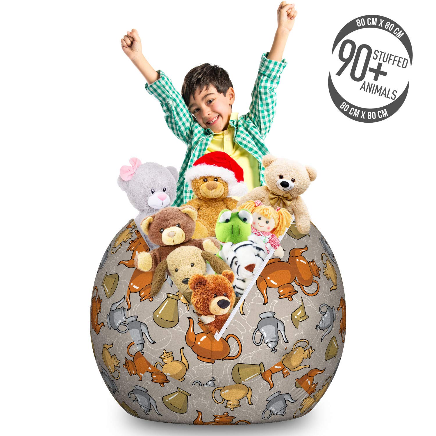 Ambesonne Tea Party Storage Bag Chair - Large Washable Stuffed Animal Organizer with Muted Teapot Print - Warm Taupe & Multicolor - Perfect for Kids' Room, Playroom & Toy Organization