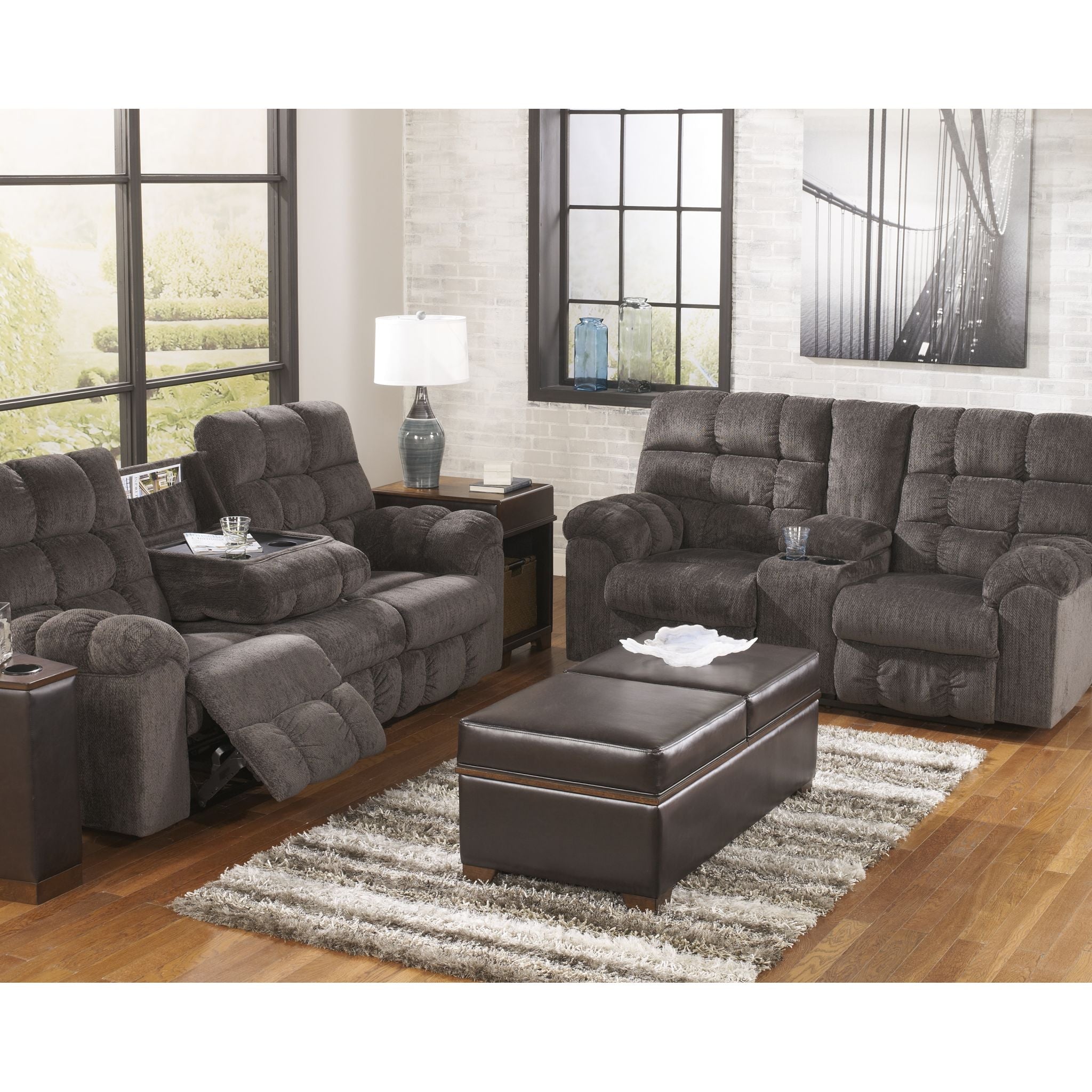 Acieona Dual Reclining Sofa with Drop Down Table in Slate Gray - Perfect for Living Room, Home Theater, and Family Gatherings
