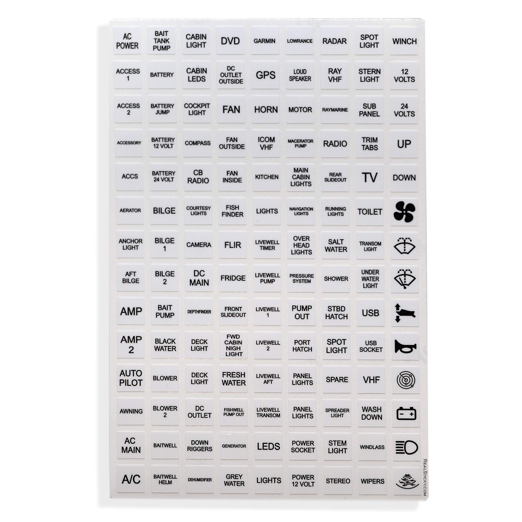 126-Piece White Boat Dash Switch Instrument Panel Sticker Labels Sheet - Light Switch, Fuse Button, Windlass, Horn, GPS, Amp, LEDs, Motor, Radio, Blower Fan Port Graphic Kit - Perfect for Boating, Fishing & Marine Navigation Organization