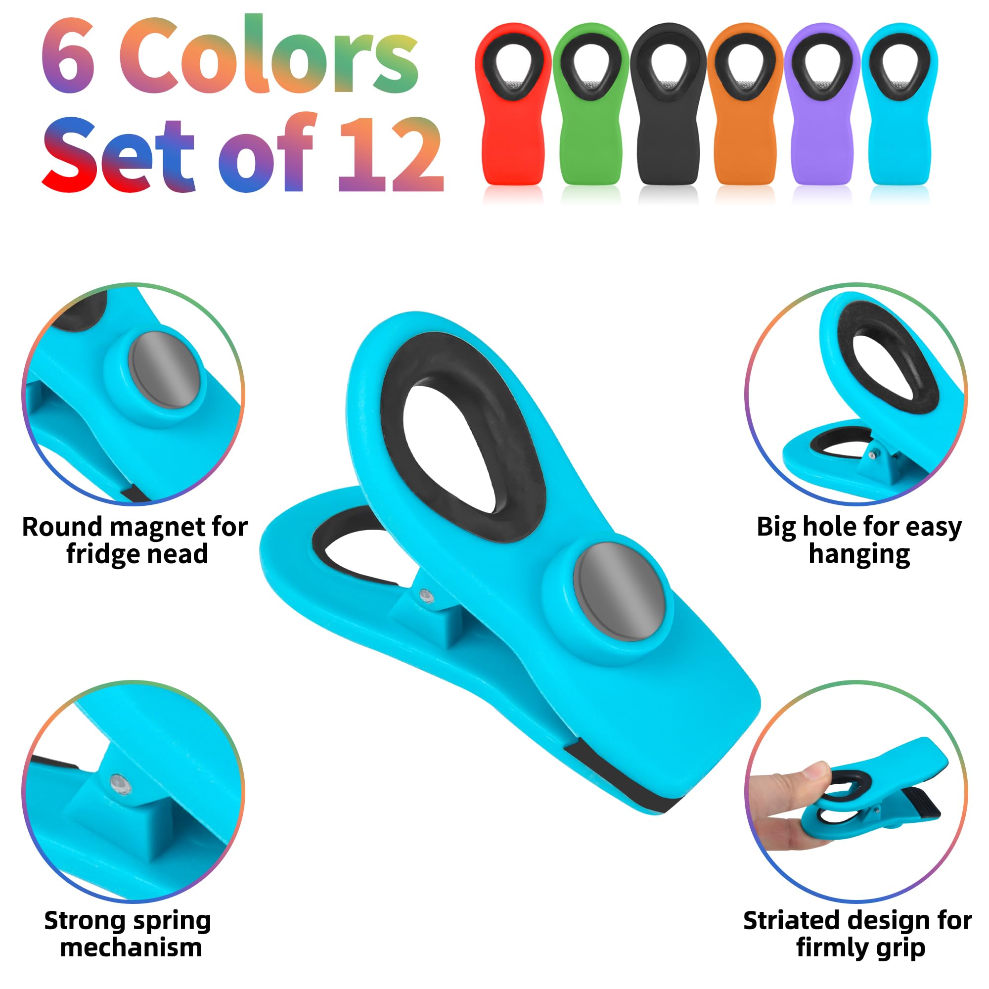 12 Pack Magnetic Chip Clips for Kitchen & Snack Storage - Easy Hanging Bag Sealer Clips