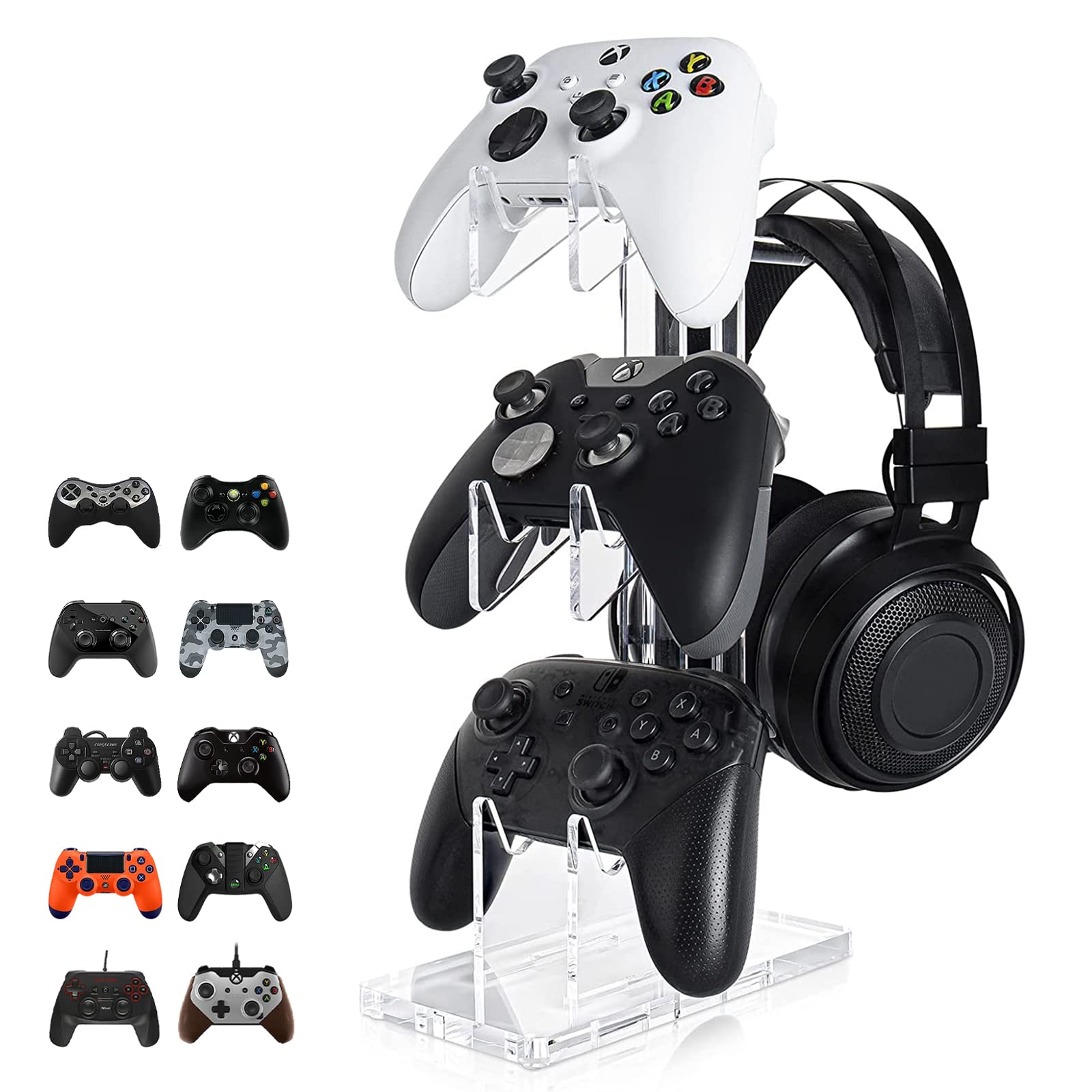 doepeBAE Universal Gaming Controller Stand for Xbox Series X, PS4, PS5 & Switch - Clear Acrylic Headset & Controller Holder with 3-Slot Design | Perfect for Organized Gaming Setup & Display