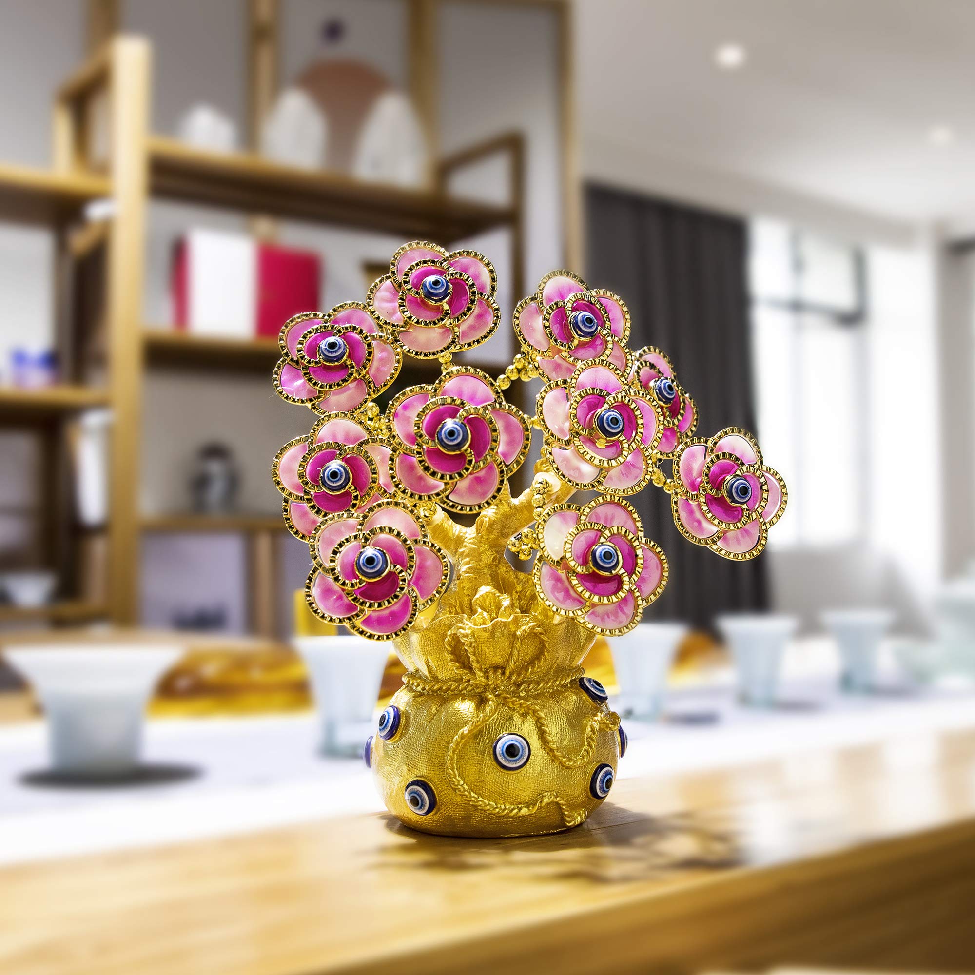 YU FENG Turkish Evil Eye Tree with Golden Lucky Bag - Artificial Plant in Vase for Home & Office Decor - Brings Good Luck, Wealth & Positive Energy | Perfect for Living Room, Bedroom, or Gift