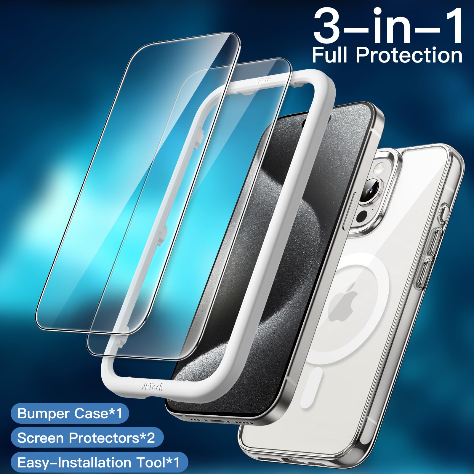 JETech 3 in 1 Magnetic Case for iPhone 15 Pro Max 6.7-Inch - Shockproof Bumper Phone Cover with 2 Pack Tempered Glass Screen Protectors, Magsafe Compatible (Clear) | Perfect for Work, Travel & Everyday Protection