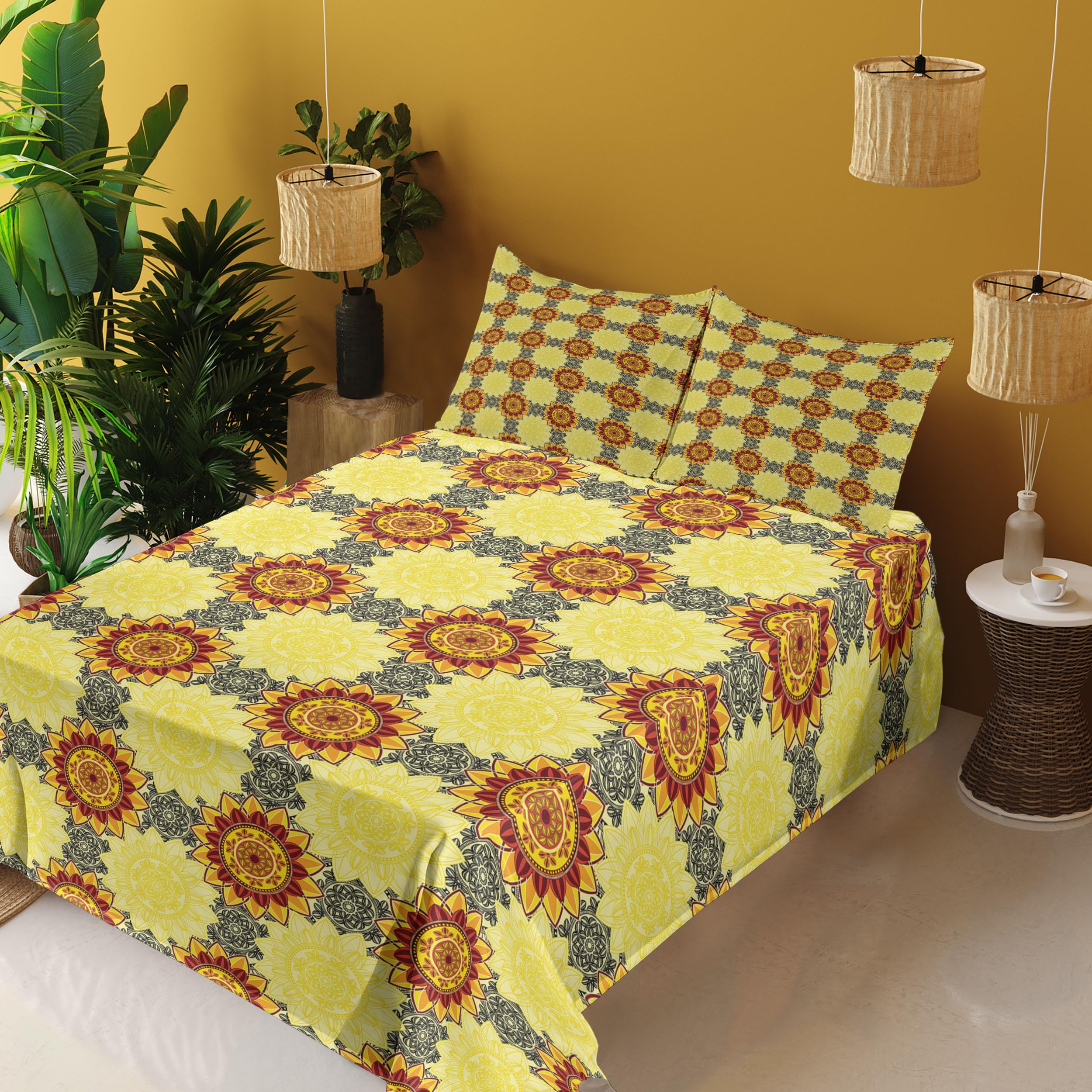 Ambesonne Mandala 4-Piece King Size Sheet Set - Vibrant Yellow Black Ruby Boho Floral Design with Fitted Sheet, Flat Sheet & Pillowcases | Perfect for Bohemian Bedroom Decor, Guest Room Makeover & Meditation Retreats