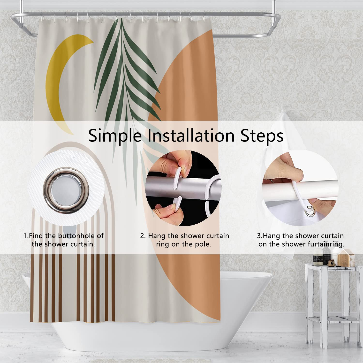 Mid Century Abstract Boho Shower Curtain - Moon & Eucalyptus Leaves Orange Bathroom Decor with Hooks, 60x72 Inch Modern Minimalist Geometric Design for Stylish Bathroom Upgrade | Perfect for Boho, Scandinavian & Contemporary Bathrooms