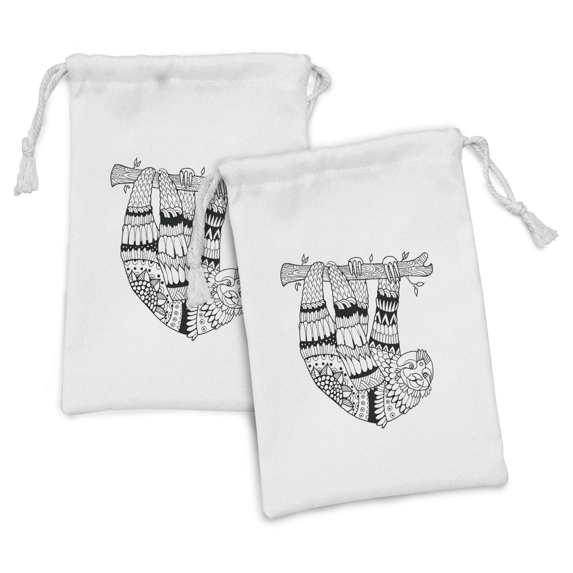 Ambesonne Sloth Fabric Pouch Set of 2 - Tropical Animal Drawstring Bags with Ornamental Details (9