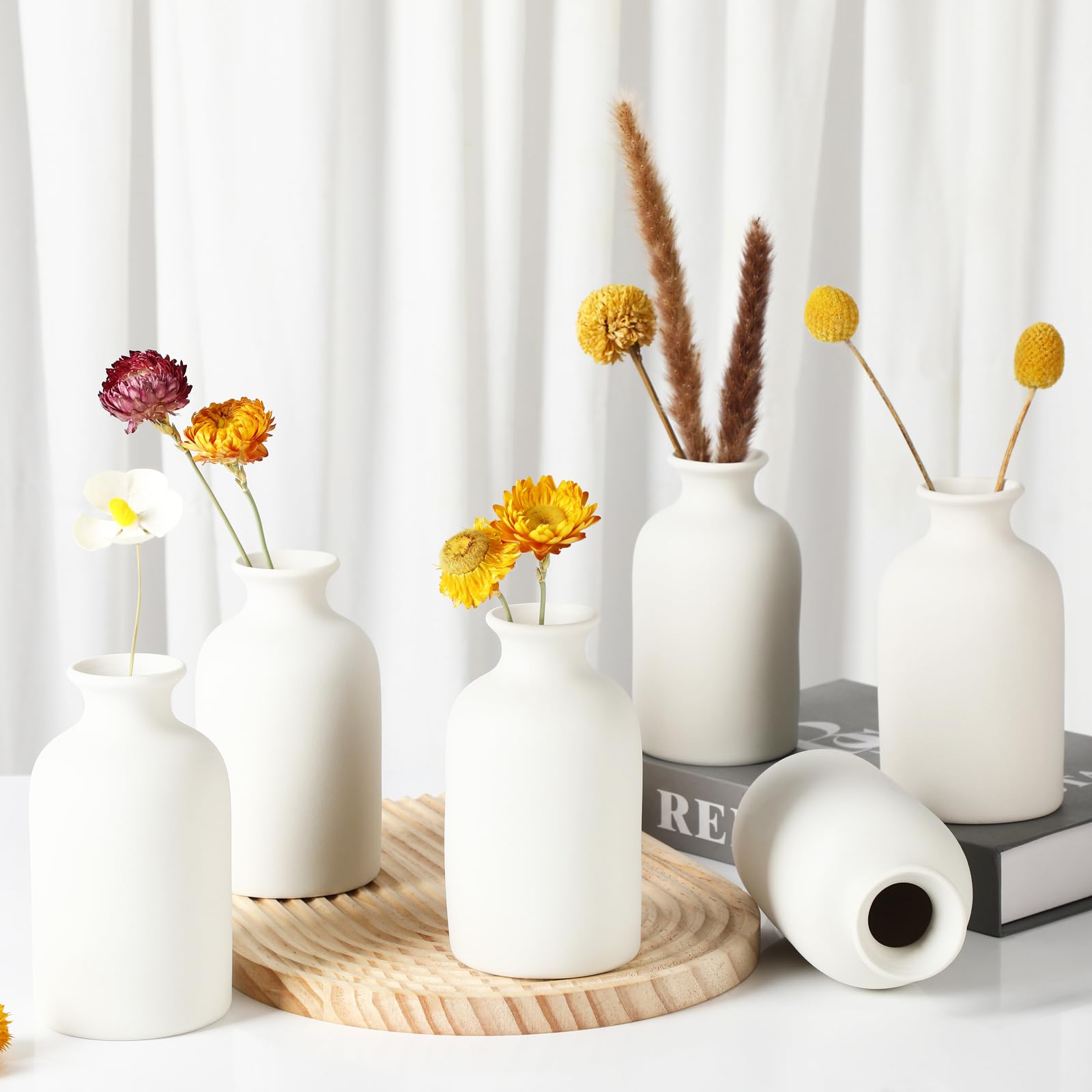 6-Piece White Ceramic Vase Set - 5.6 Inch Boho Home Decor Vases for Centerpieces, Pampas Grass & Dried Flowers - Perfect for Dining Table, Wedding, Living Room & Farmhouse Decor