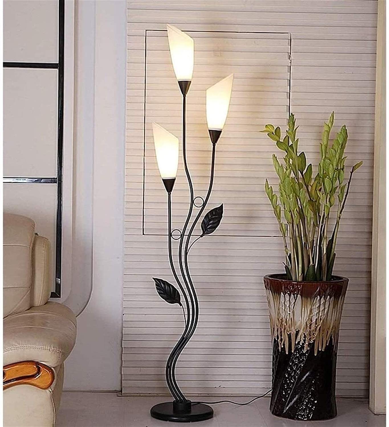 Modern Floor Lamp for Bedroom & Living Room - 3 Lily Glass Lampshade, Black/White Wrought Iron Decorative Lighting - Elegant Home Decor for Cozy Reading Nook, Lounge Area & Bedside Ambience