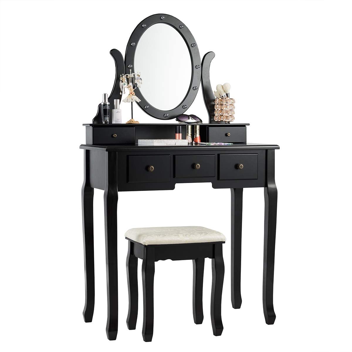 MAT EXPERT Vanity Table Set with LED Lighted Mirror & Cushioned Stool - Modern Dressing Desk with 360° Rotatable Mirror & Makeup Organizer - Multifunctional Vanity Set for Bedroom (Black) | Perfect for Makeup Application, Skincare Routine & Home Decor