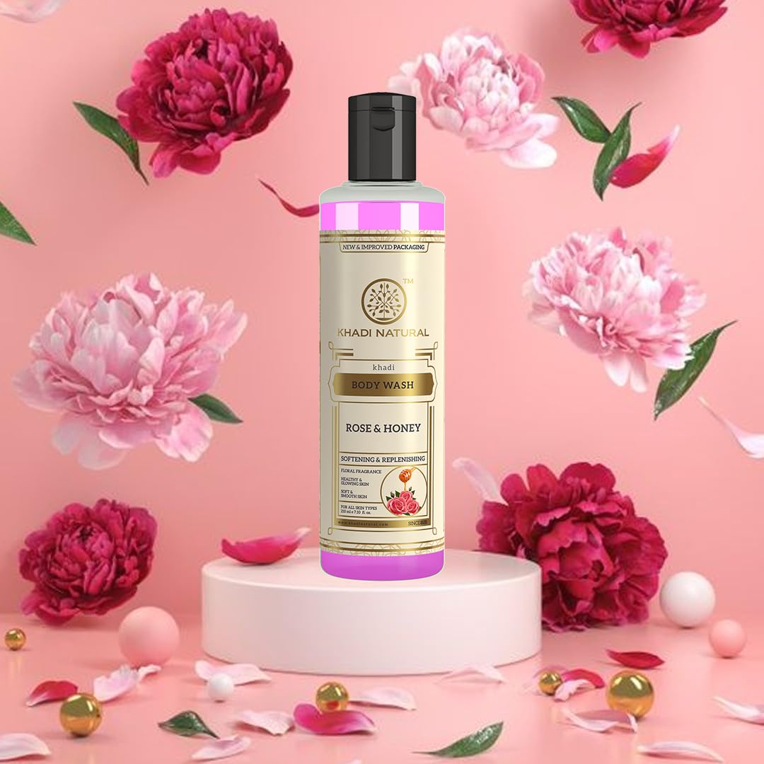 Khadi Natural Rose & Honey Body Wash - Deep Cleansing & Soothing Fragrance for All Skin Types (210ml) | Moisturizing Shower Gel for Dry Skin, Daily Use & Relaxing Bath Time