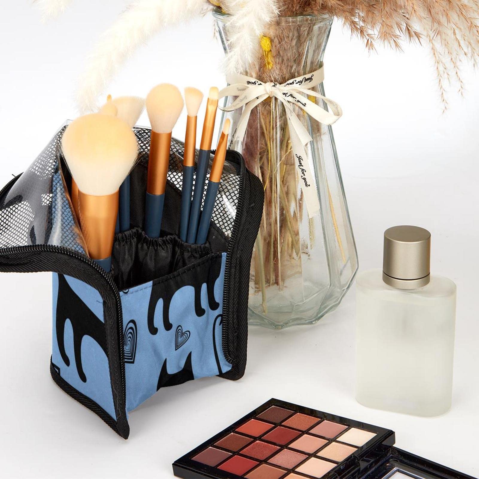 Premium 12-Piece Makeup Brush Organizer Bag with Black Cat & Heart Design - Portable Travel Cosmetic Brush Holder Case for Professional Artists & Beginners - Perfect for Home, Travel & Salon Use