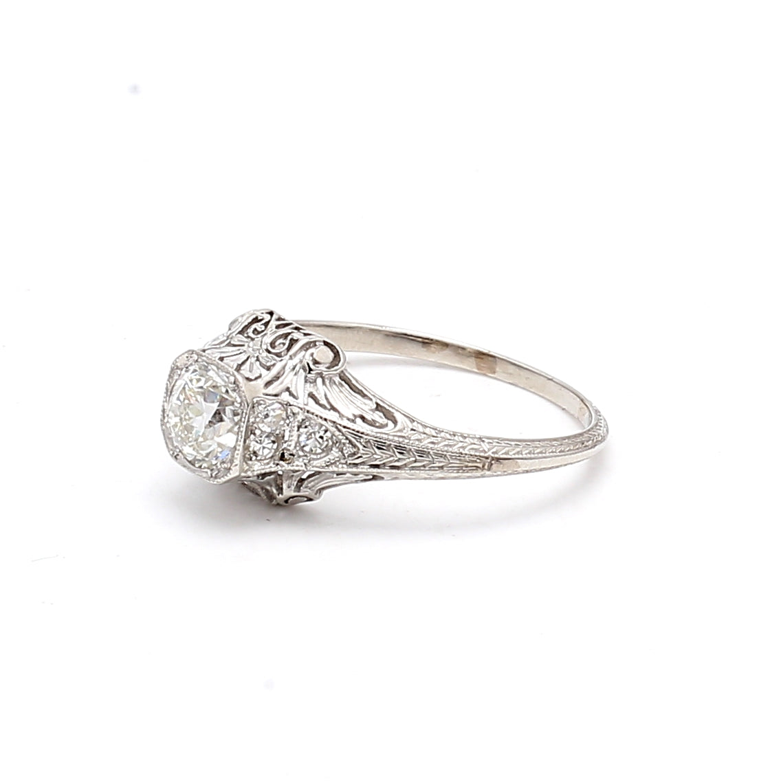 0.84 Carat Round Brilliant Cut H VS1 Diamond Engagement Ring in 14K White Gold, Art Deco Style for Wedding, Proposal & Anniversary Gifts