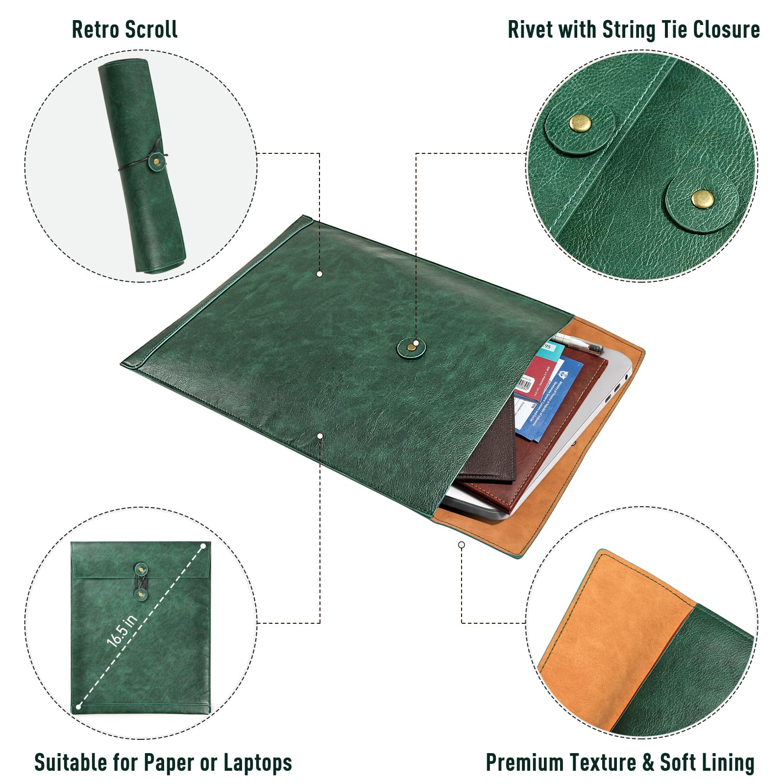 Bright Green A4 PU Leather File Folders - Document Organizer with String Tie Closure, Laptop Sleeve & Notebook Case - Perfect for Office, School & Business Travel (1PC)