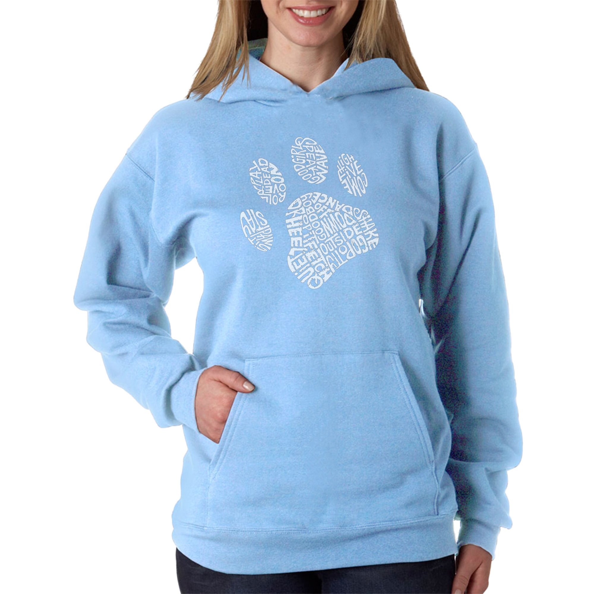 LA POP ART Women's Word Art Hooded Sweatshirt with Dog Paw Design - Cozy Pullover Hoodie for Casual Wear, Dog Lovers Gift, Street Style Fashion