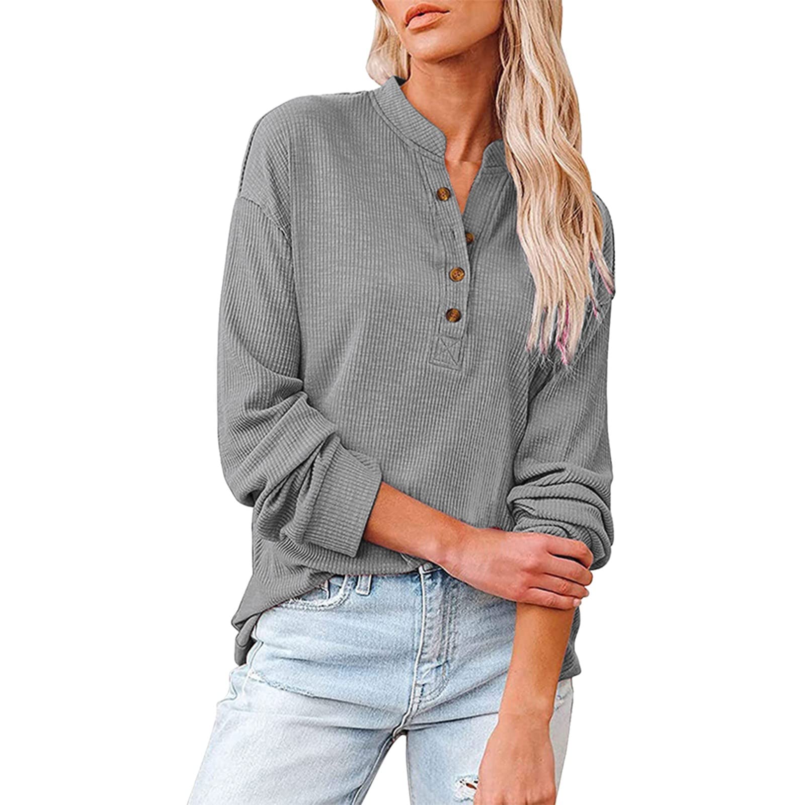 Women's Long Sleeve Button Down V-Neck Knit Shirt with Stand Collar - Casual T-Shirt Top for Work, Office & Everyday Wear