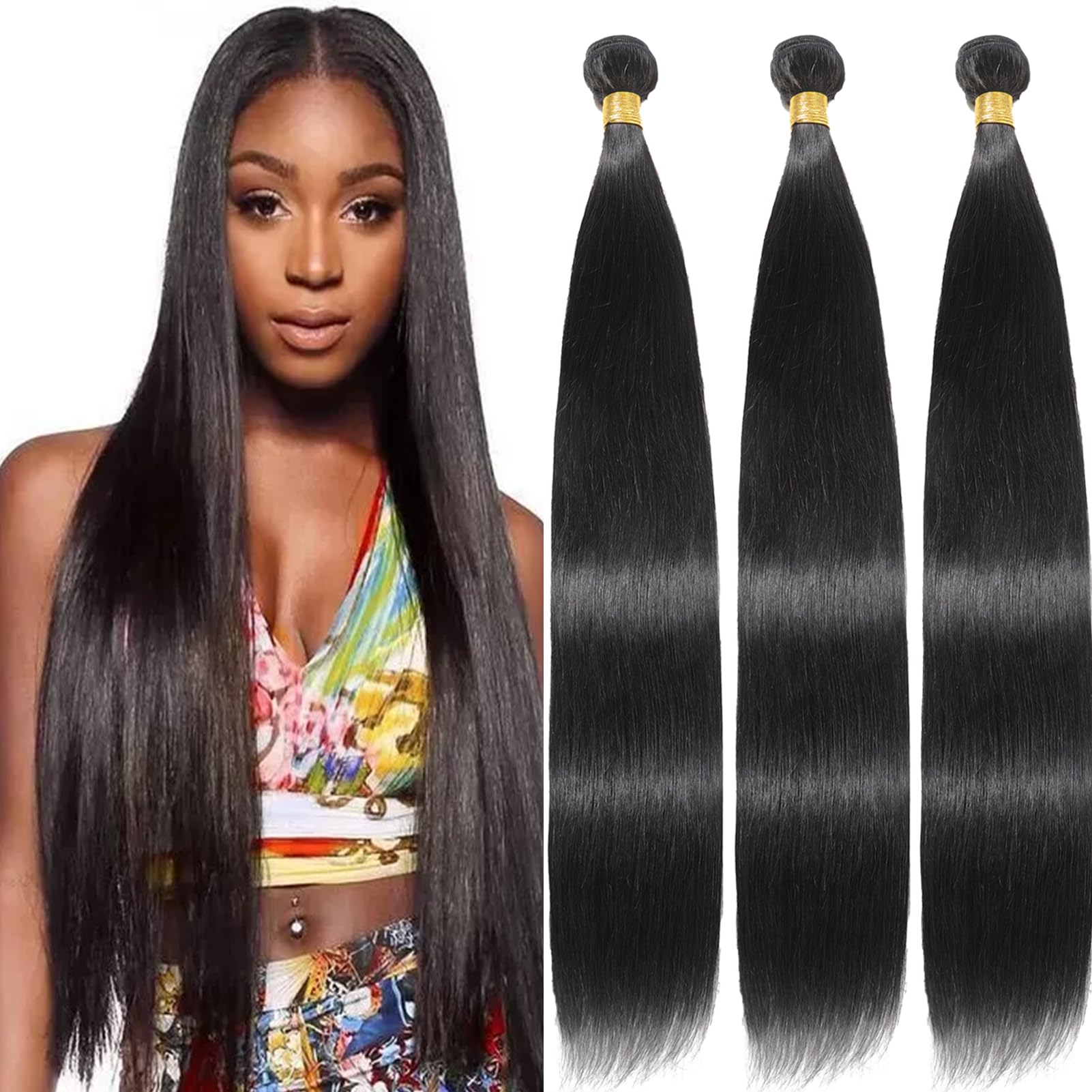 YAREESONG 100% Unprocessed Brazilian Virgin Human Hair Bundles - 3 Bundles 12A Grade Straight Weave Extensions (Natural Black, 34/36/38 Inch) for Stunning Everyday, Party & Special Occasion Hairstyles