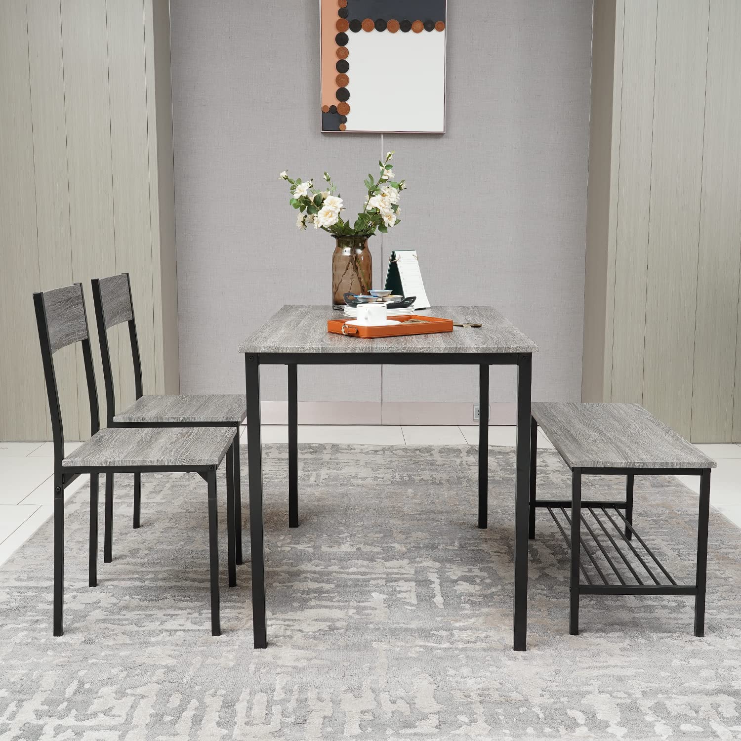 PULUOMIS 4-Piece Modern Dining Set with Table, 2 Chairs & Bench - Grey Kitchen & Breakfast Table for Home, Bistro, Patio, Garden | Perfect for Small Spaces & Family Meals