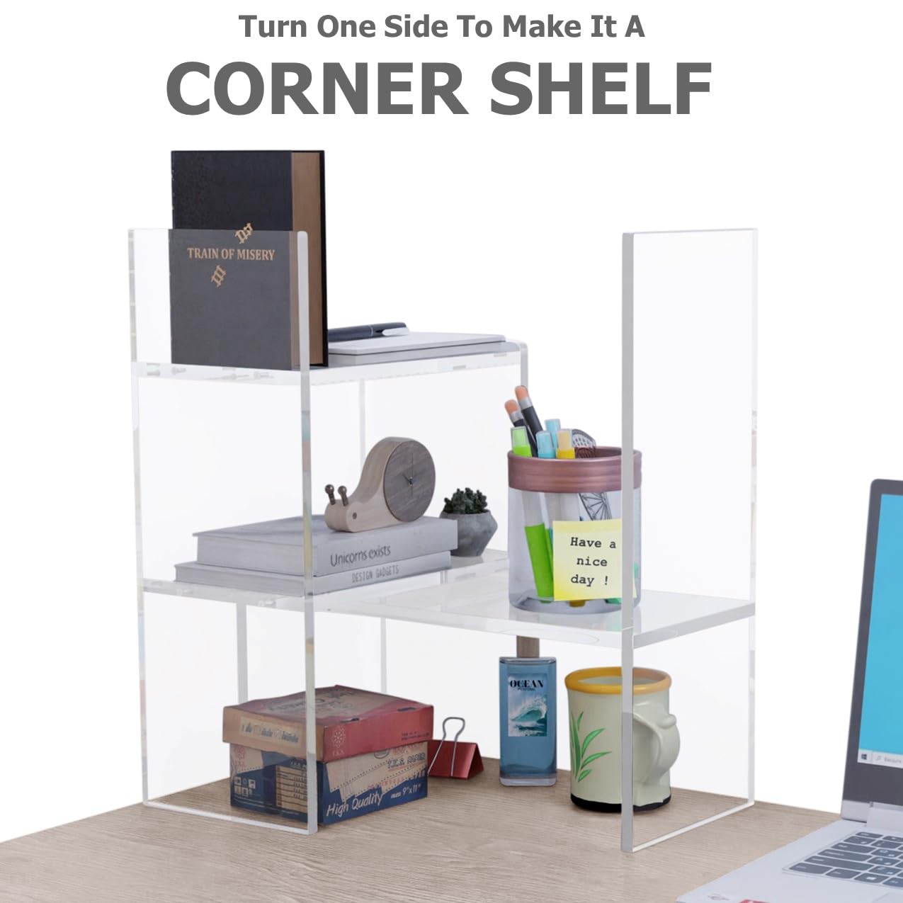 Adjustable Acrylic Desk Shelf Organizer - Clear Desktop Bookshelf for Office, Study & Home - Premium Tabletop Storage Solution for Books, Supplies & Decor
