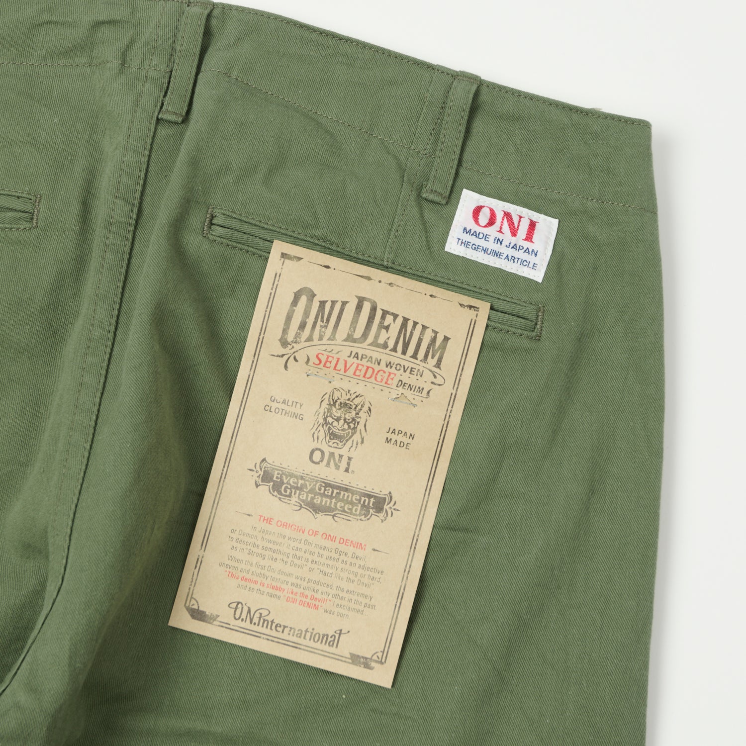 ONI 737 SVC LOL 9.5oz Selvedge Chino Pants - Light Olive | Premium Japanese Denim Slim Fit Trousers for Men | Perfect for Casual Wear & Office Style
