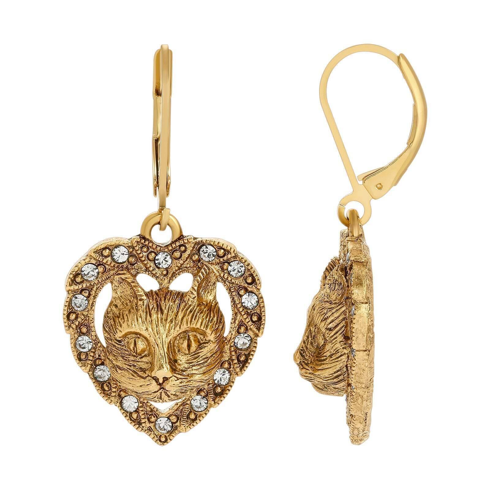 1928 Jewelry Heart and Cat Crystal Accent Lever Back Earrings - Vintage Style Dangle Earrings for Women - Perfect for Parties, Date Nights & Special Occasions