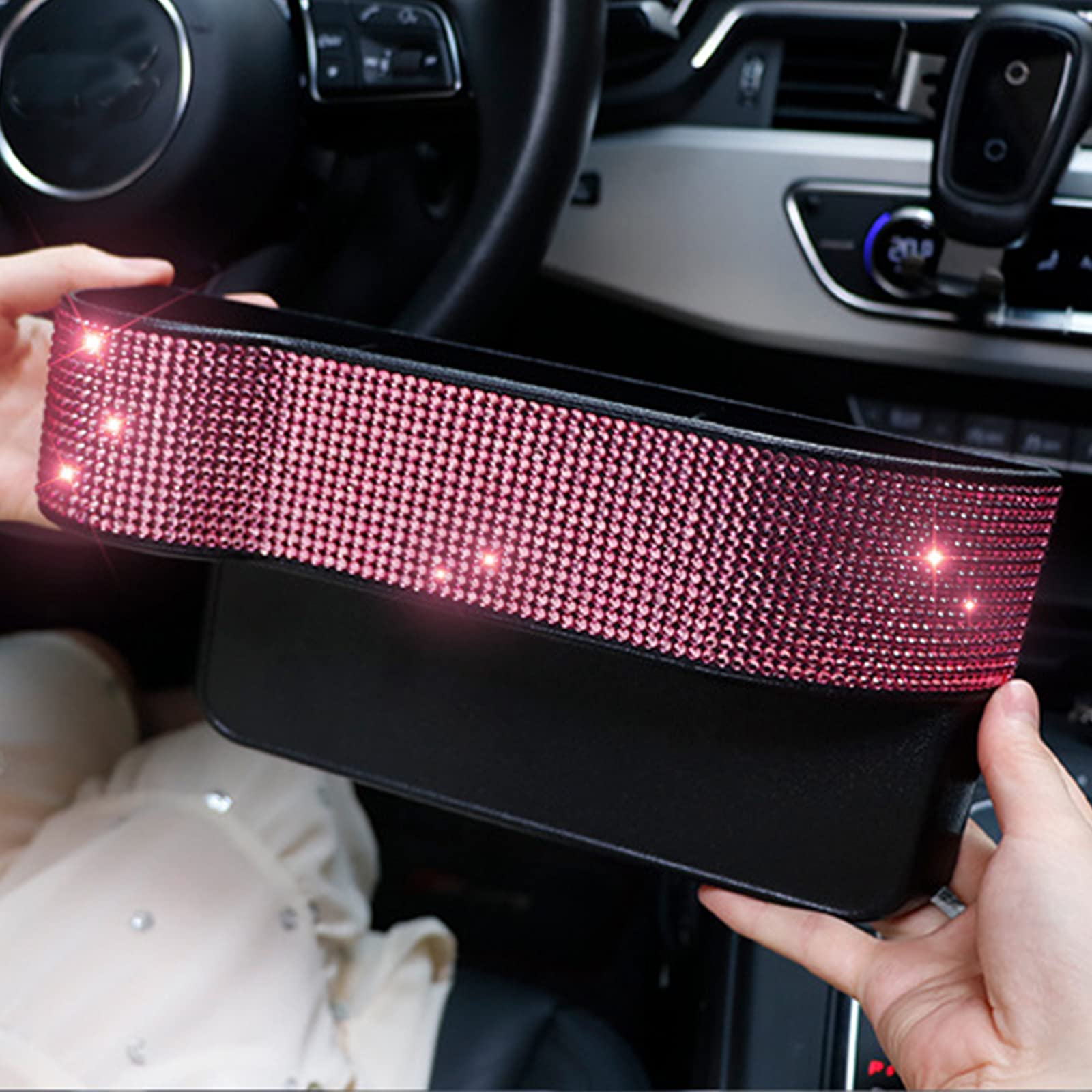 Diamond Crystal Car Seat Organizer - Console Side Pocket Storage Pouch for Cellphone, Wallet & Keys | Bling Bling Auto Gap Filler Caddy (Pink, Passenger Side) | Perfect for Road Trips & Daily Commutes