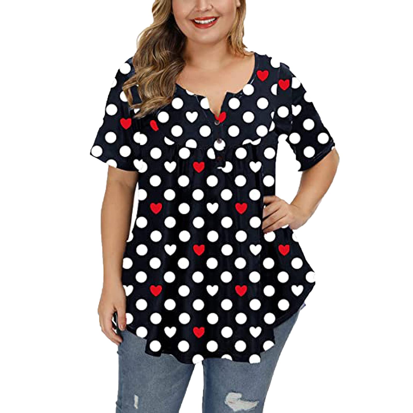 Plus Size Women's Button Up Blouse - Flowy Short Sleeve Tunic Top for Summer | Casual Loose Tee Shirt for Work, Date & Vacation
