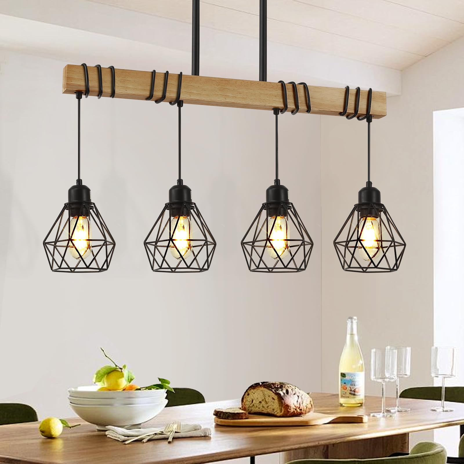 Modern Farmhouse 4-Light Kitchen Island Pendant Light - Black Rustic Wood Linear Chandelier for Dining Room & Table Lighting - Perfect for Farmhouse, Industrial & Rustic Home Decor