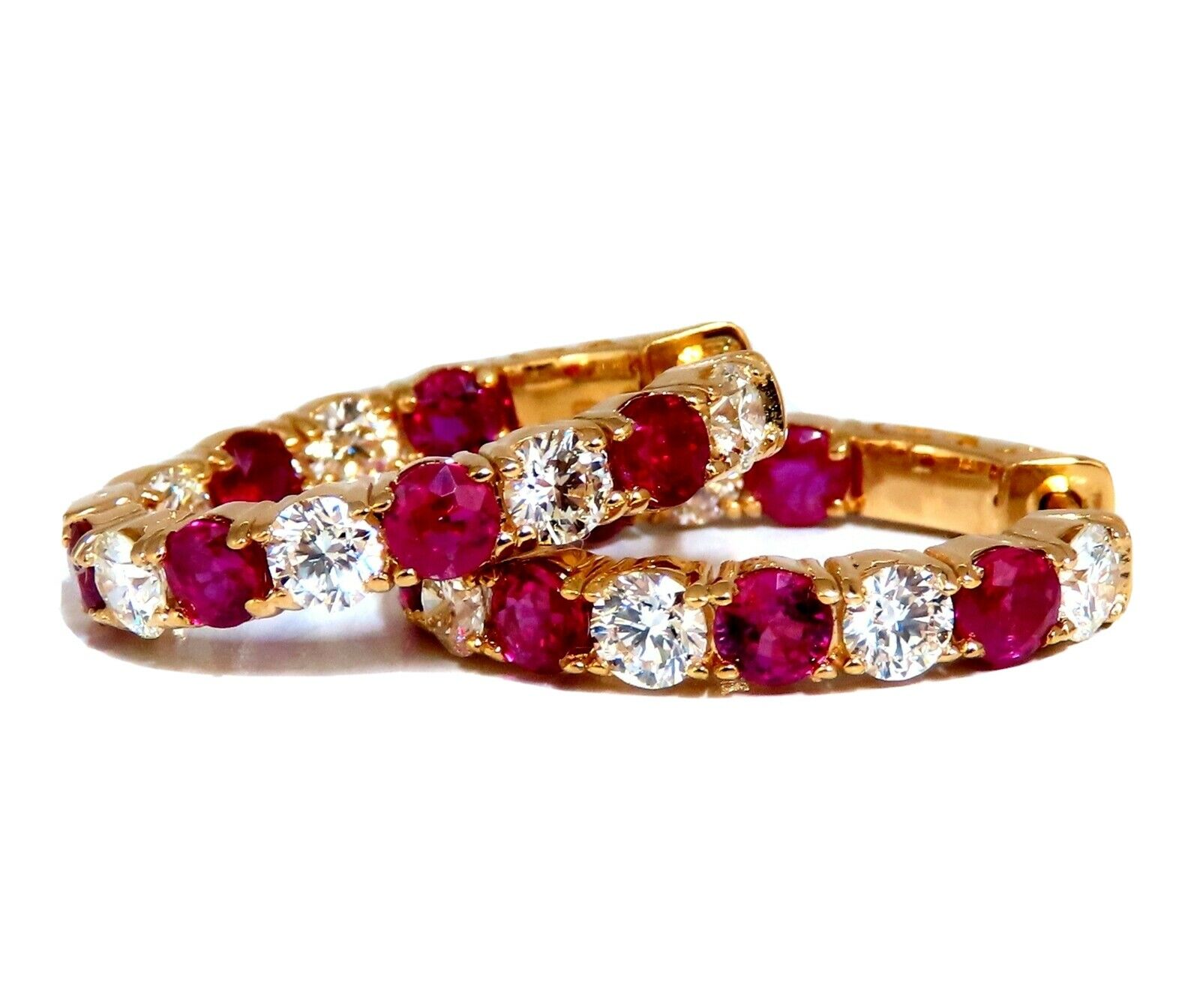4.90ct Natural Ruby & Diamond Elongated Hoop Earrings in 14K Yellow Gold - Elegant Inside-Out Design for Weddings, Parties & Special Occasions