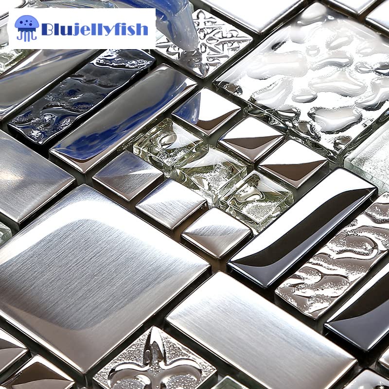 Blujellyfish Metallic Glass Mosaic Tiles Silver Gray - 100% Glass Waterproof Tile for Kitchen Backsplash, Bathroom Shower, Accent Wall Decor - TSTGT151 (5 Sq Ft) - Perfect for Modern Home & Commercial Spaces