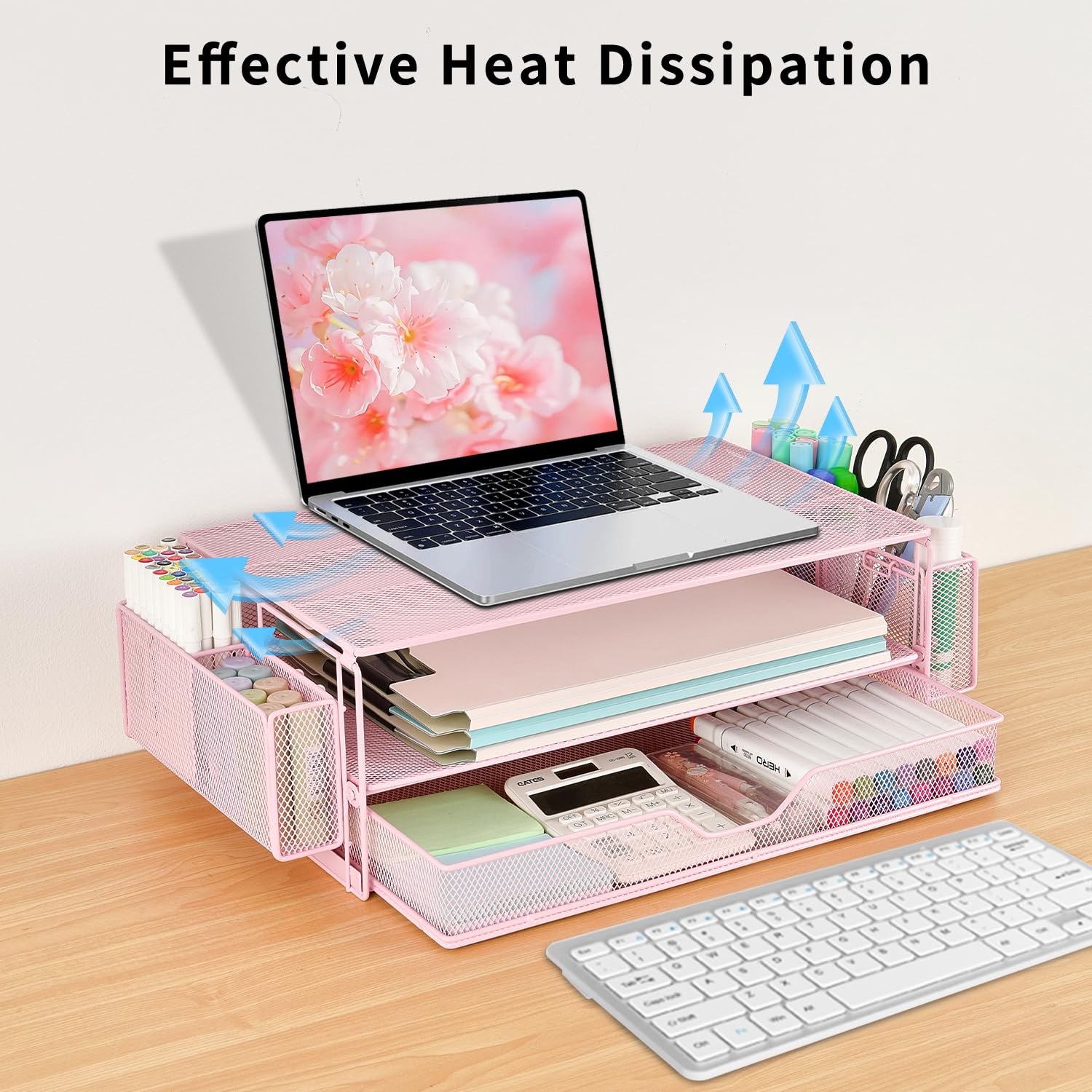 AUPSEN Adjustable Monitor Stand with Storage Drawer & Pen Holders - Ergonomic Desk Organizer for Computer, Laptop, Printer - Office & Home Workspace Accessories (Pink) - Perfect for Small Spaces & Clutter-Free Desktops