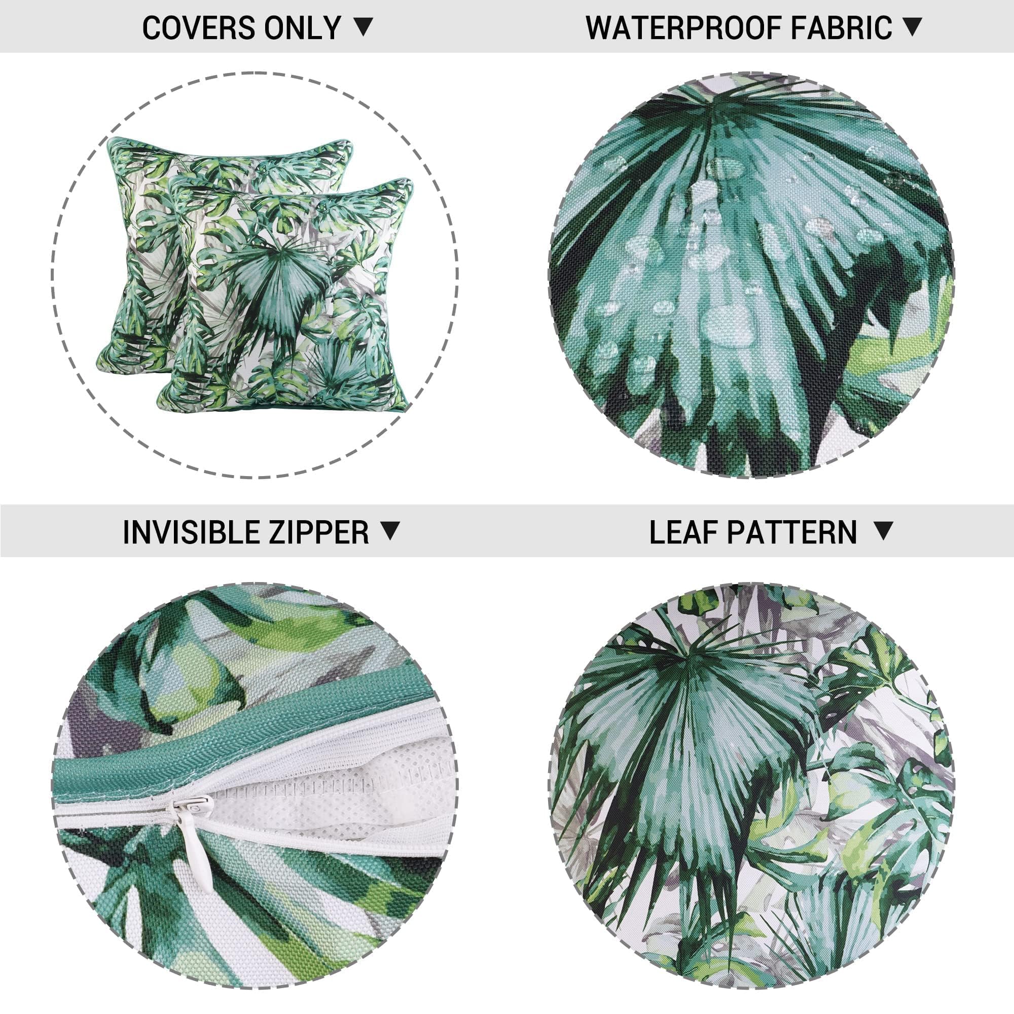 2 Pack Waterproof Tropical Leaf Throw Pillow Covers 20x20 Inch - Indoor Outdoor Decorative Green Palm Leaf Pillow Cases for Sofa, Couch, Patio Furniture, Garden Bench - Perfect for Summer, Boho & Coastal Home Decor