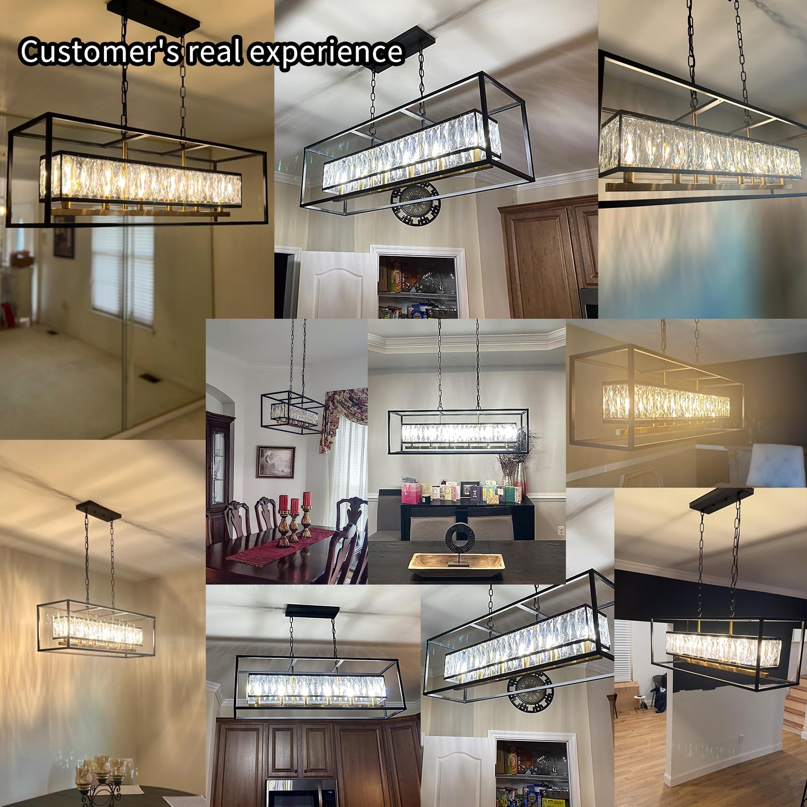 Luxury Black Gold Modern Crystal Chandelier - 6-Light Rectangular Linear Pendant Light Fixture for Dining Room, Living Room, Kitchen Island - Elegant Lighting for Home Decor & Interior Design