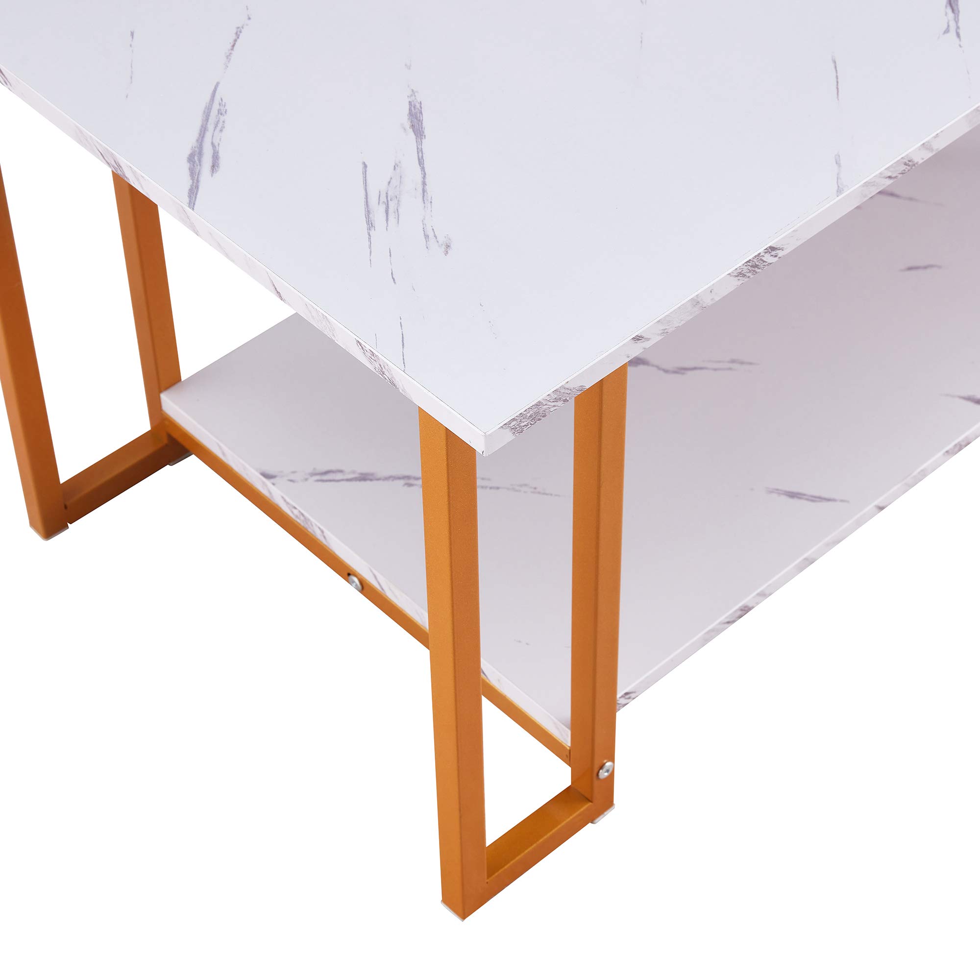 2-Tier Marble MDF Coffee Table with Black Metal Legs & White Top - Modern Rectangle Side Table for Living Room, Dining Area, Coffee Shop & Restaurant Decor (Gold Accent) | Perfect for Small Spaces, Lounge Areas & Contemporary Home Styling