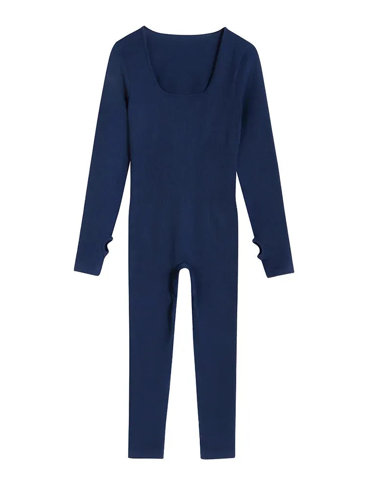 Women's Ribbed Long Sleeve Yoga Jumpsuit - Square Neck Workout Romper Bodysuit for Gym, Pilates & Home Exercise | Comfortable Sportswear for Women's Fitness & Active Lifestyle