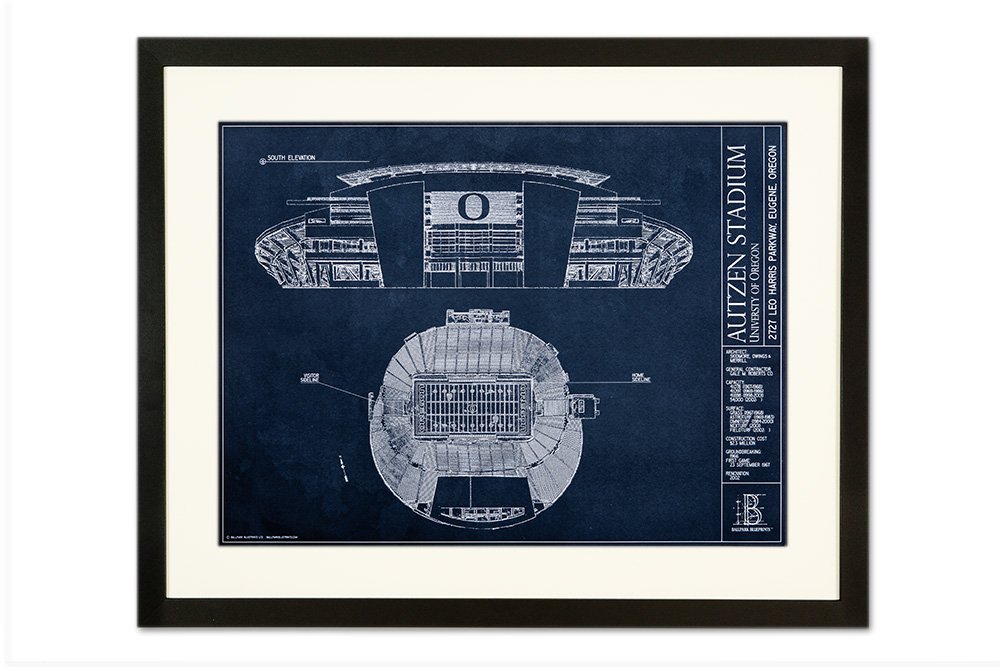Autzen Stadium Blueprint Style Wall Art Print - Oregon Ducks Football Decor for Home, Office & Man Cave