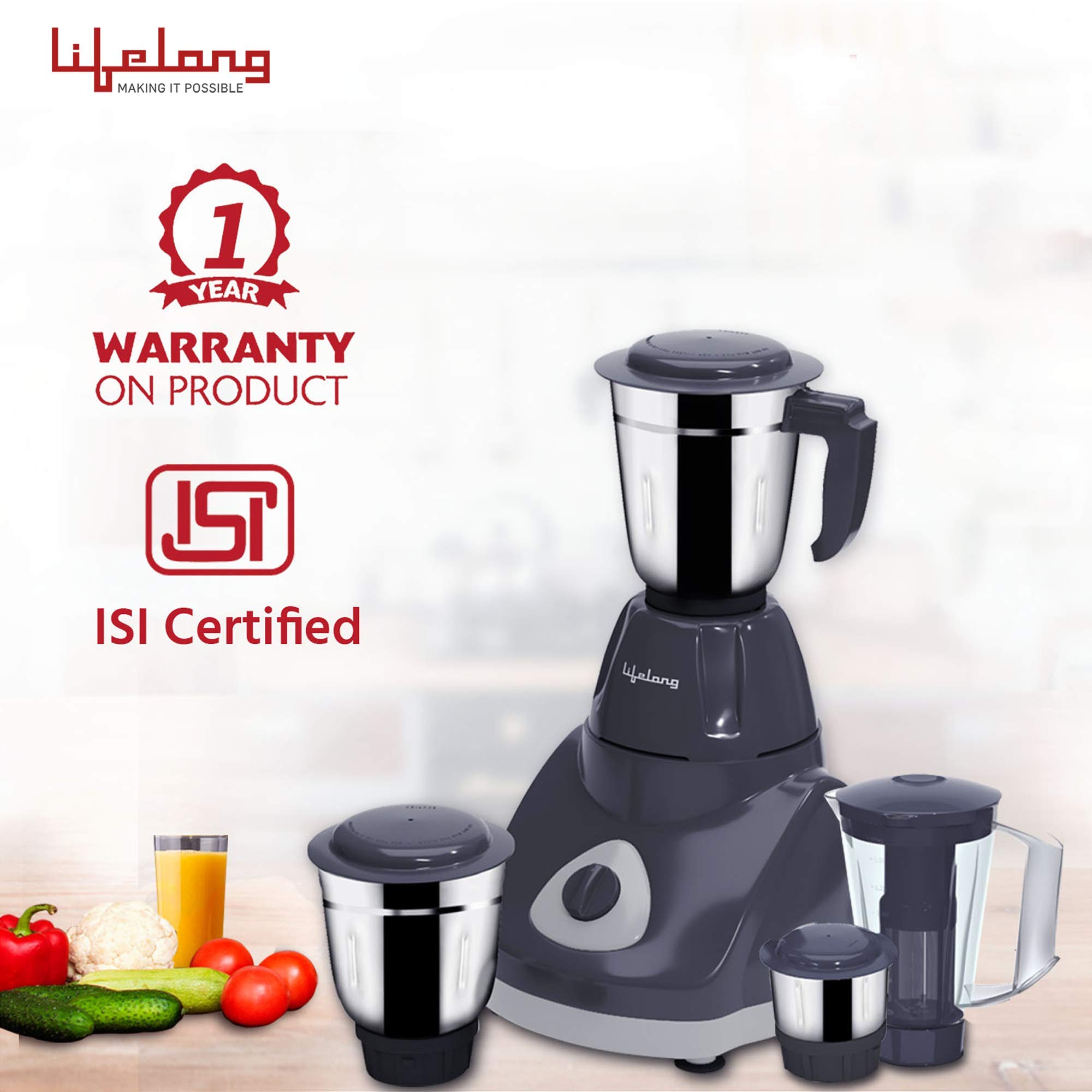 Refurbished Lifelong Power VX 750Watt Juicer Mixer Grinder with 3 Stainless Steel Jars & 1 Juicer Jar (Grey) - Perfect for Smoothies, Juicing & Grinding Spices - LLMG750-cr