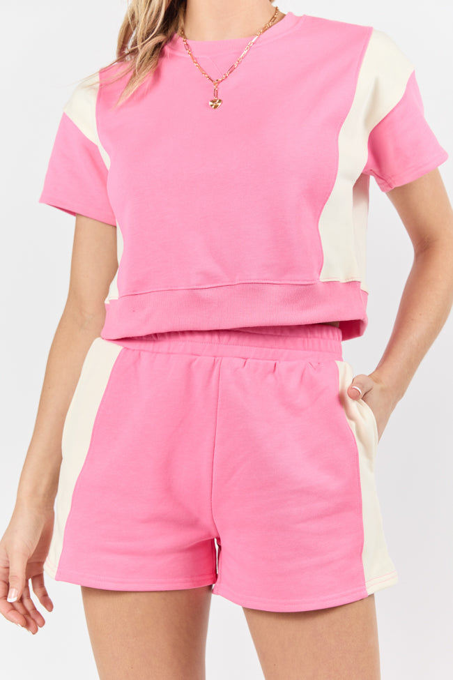 Stylish Pink and Ivory Contrast French Terry Shorts for Women - Comfortable Lounge & Workout Shorts - Perfect for Yoga, Running, and Casual Wear
