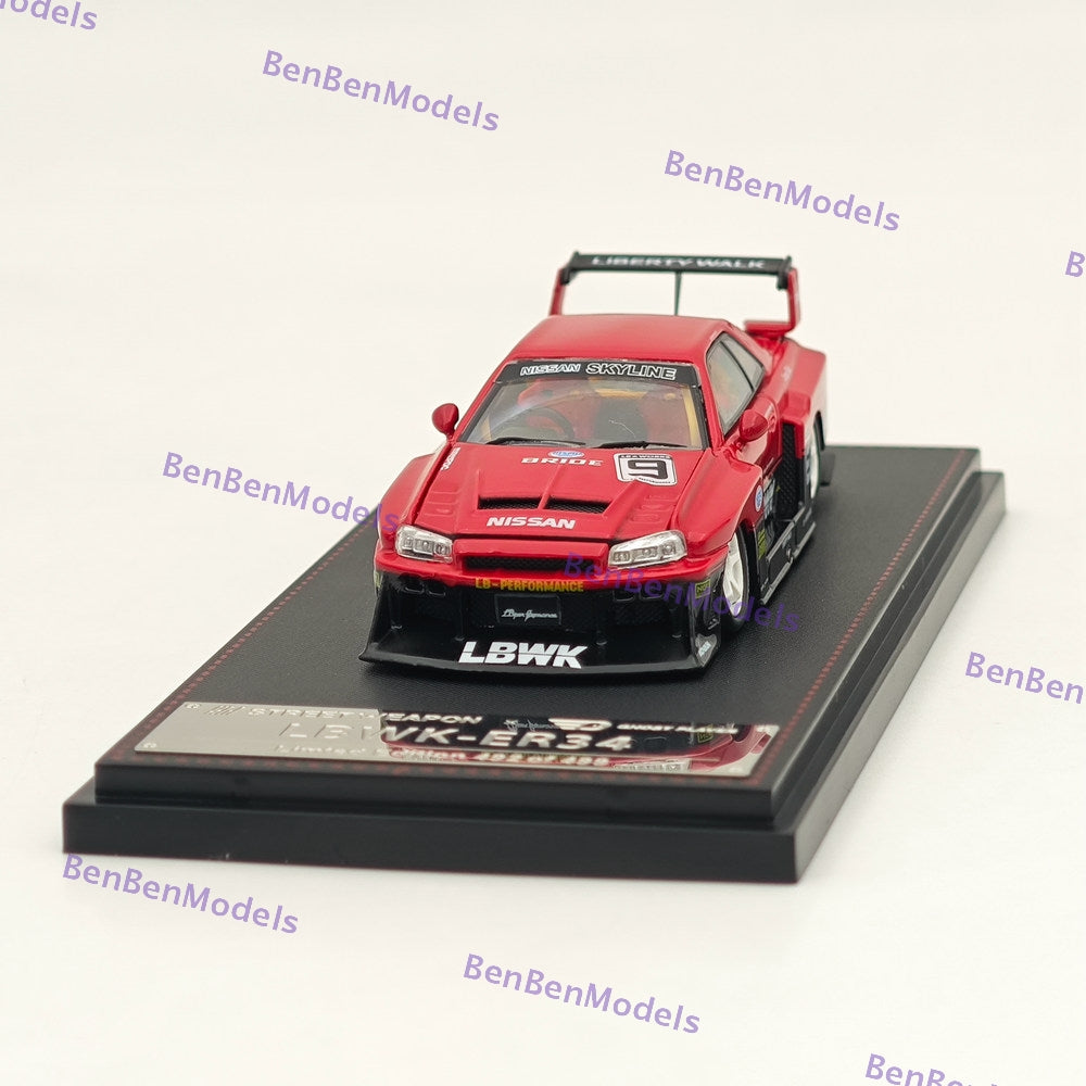 1:64 Scale LBWK GTR ER34 #9 Red Open Version Diecast Model Car - Collectible Street Weapon for Display & Racing Scenes
