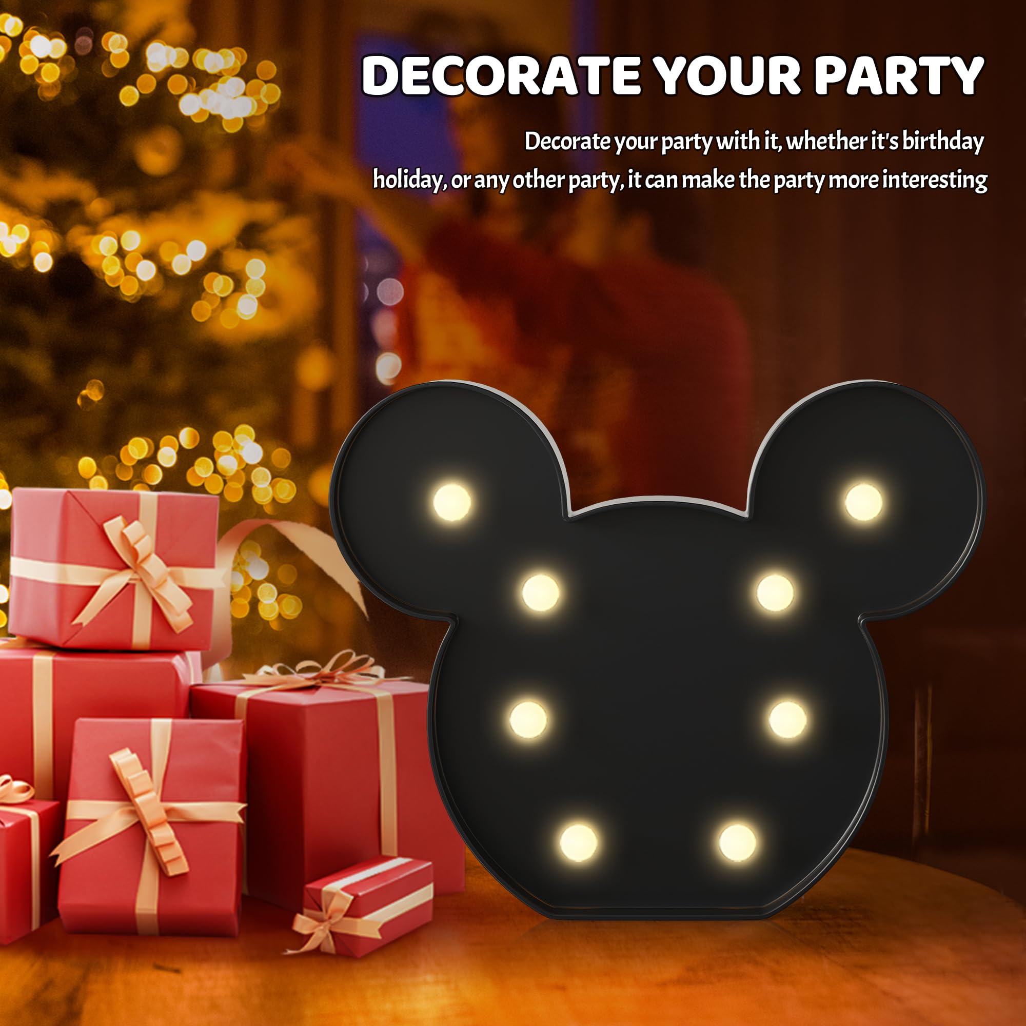 Battery-Powered Mouse Night Light for Kids - Black Mouse Decor for Bedroom, Wall Decor & Birthday Party Decorations - Perfect for Kids Room, Nursery & Sleep Aid