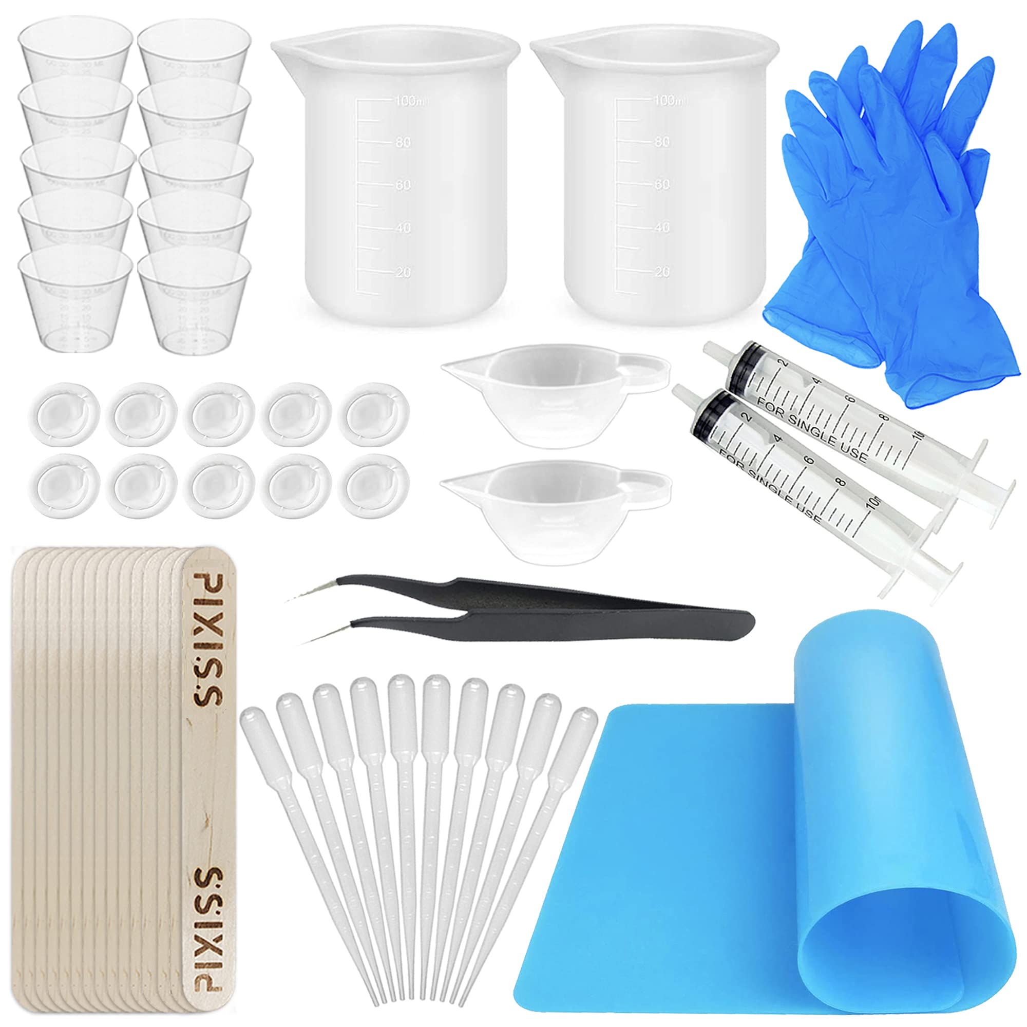 Pixiss 100ml Silicone Resin Measuring Cups Kit - 1oz Epoxy Resin Mixing Tools with Popsicle Sticks, Pipettes, Finger Cots, Gloves & Mat for Jewelry Making, DIY Crafts, Resin Art, and Mold Casting