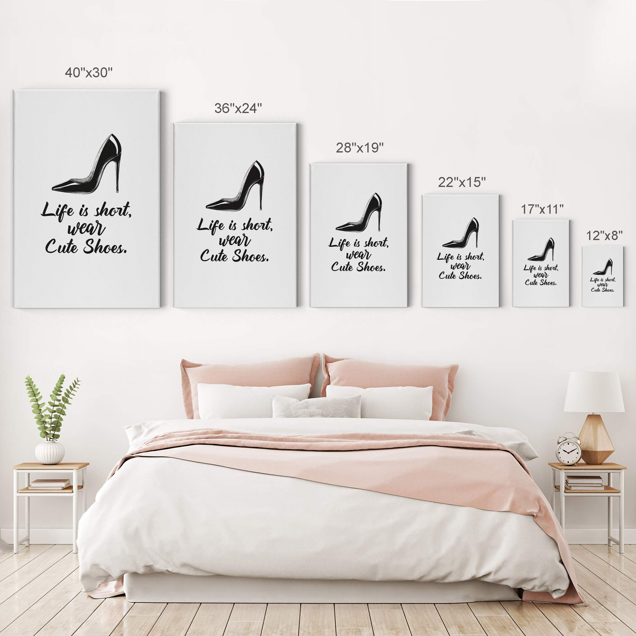 Life is Short Wear Cute Shoes Black & White Stiletto Fashion Canvas Wall Art - 36x24 Inch Ready to Hang Print for Office, Bathroom, Girls Room, Women's Dorm & Living Room Decor - Perfect for Bedroom, Home & Gift Giving
