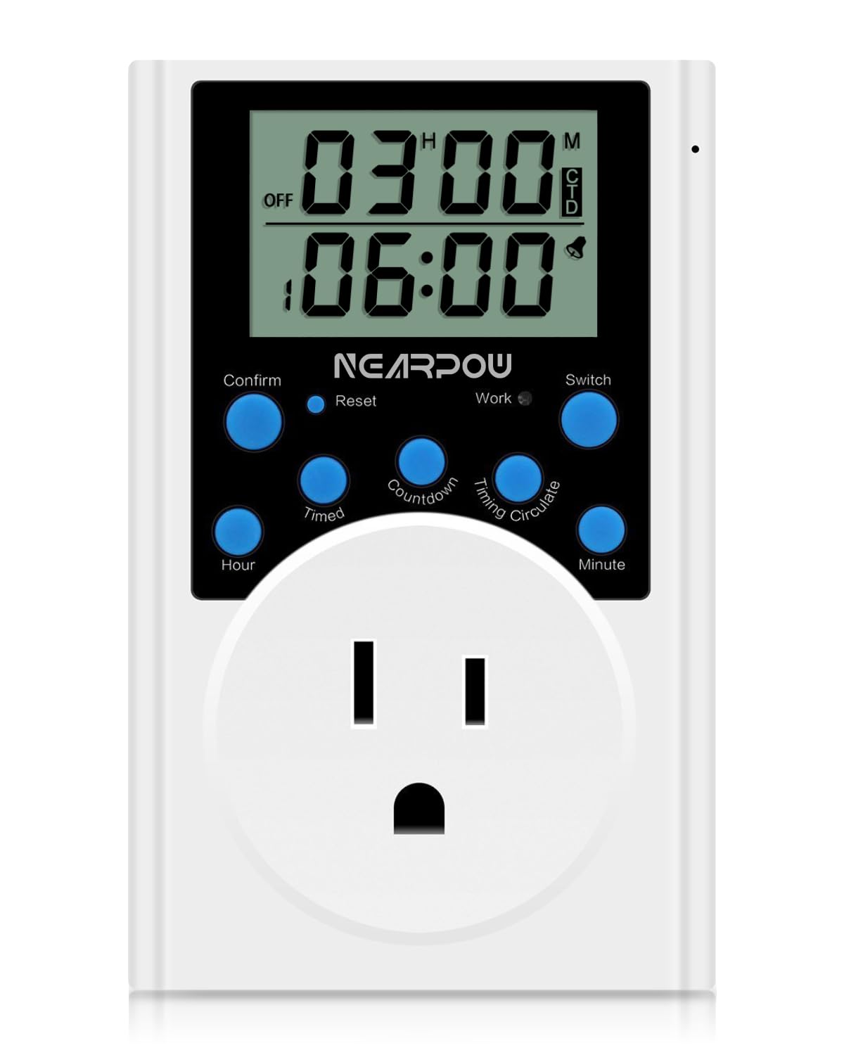 Nearpow Programmable Digital Timer Switch - 15A/1800W 3-Prong Outlet, Infinite Cycle Multifunctional Plug-in Timer for Lights, Appliances & Holiday Decorations - Perfect for Home, Office & Outdoor Use