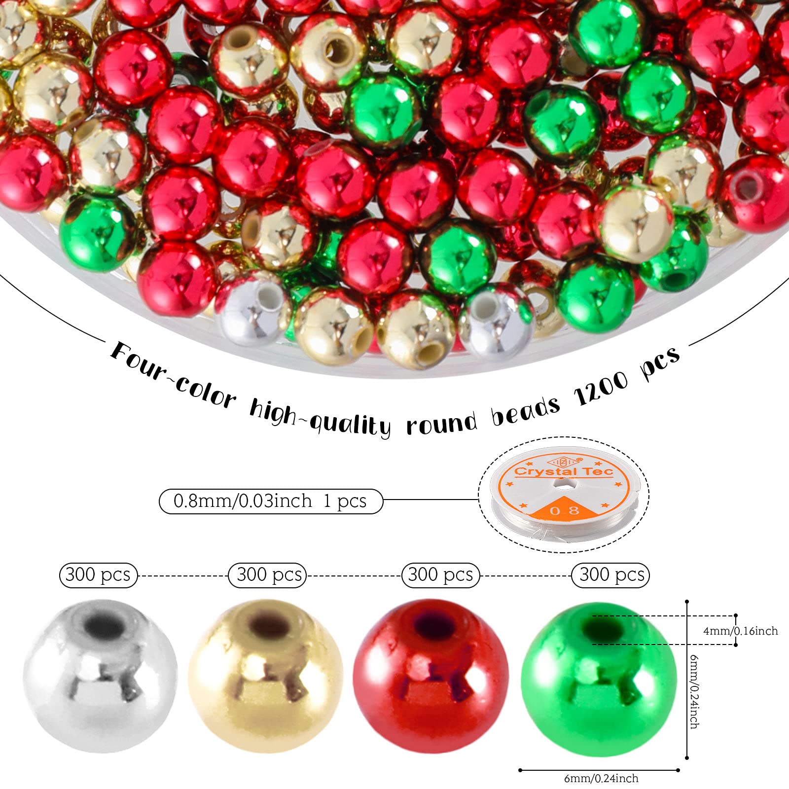 Whaline 1200PCs Christmas Beads - Metallic Round Pony Beads with Elastic String for Jewelry Making (Red, Green, Silver, Gold) - DIY Craft Beads for Necklace, Bracelet & Home Ornaments - Perfect for Holiday Decorations & Gift Making
