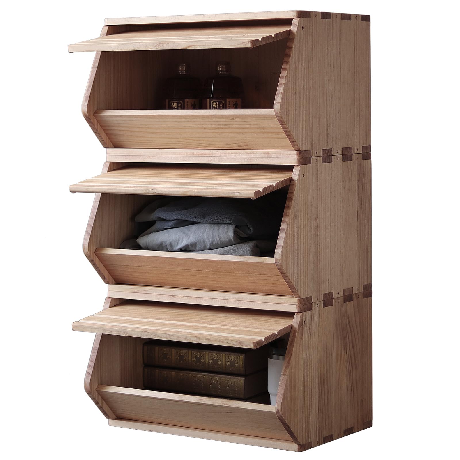 Stackable Solid Wood Storage Chests - Modular Entryway Cabinet & Toy Box with Lids (3 Pack, 19.5
