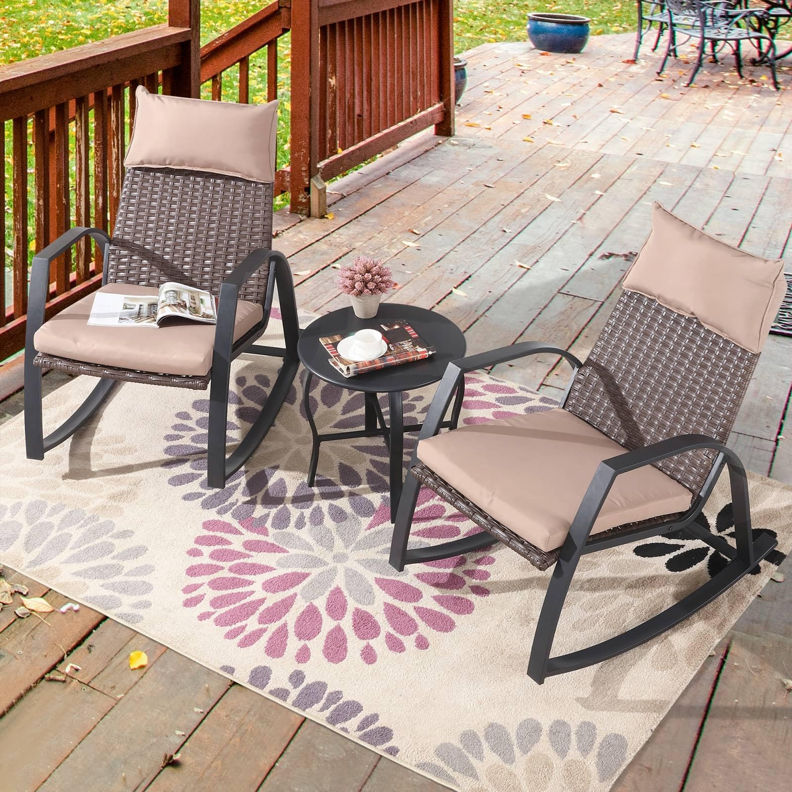 PatioFestival 3-Piece Outdoor Bistro Set with Cushioned Metal Rocking Chairs & Side Table - All-Weather Khaki Patio Furniture for Garden, Deck, or Backyard Relaxation