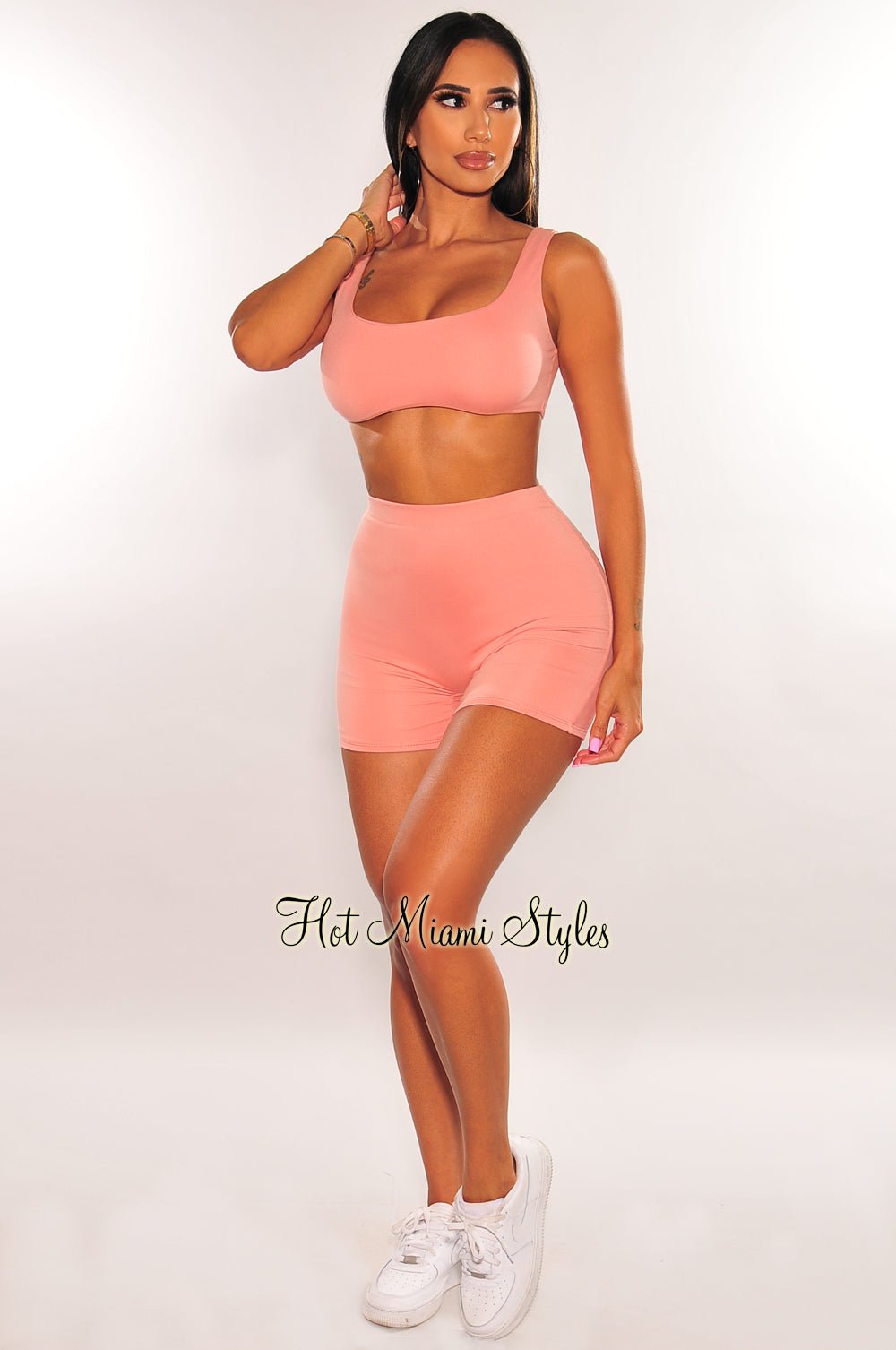 Trendy Blush Pink Crop Top & Biker Shorts 2-Piece Workout Set - Perfect for Yoga, Gym & Summer Streetwear