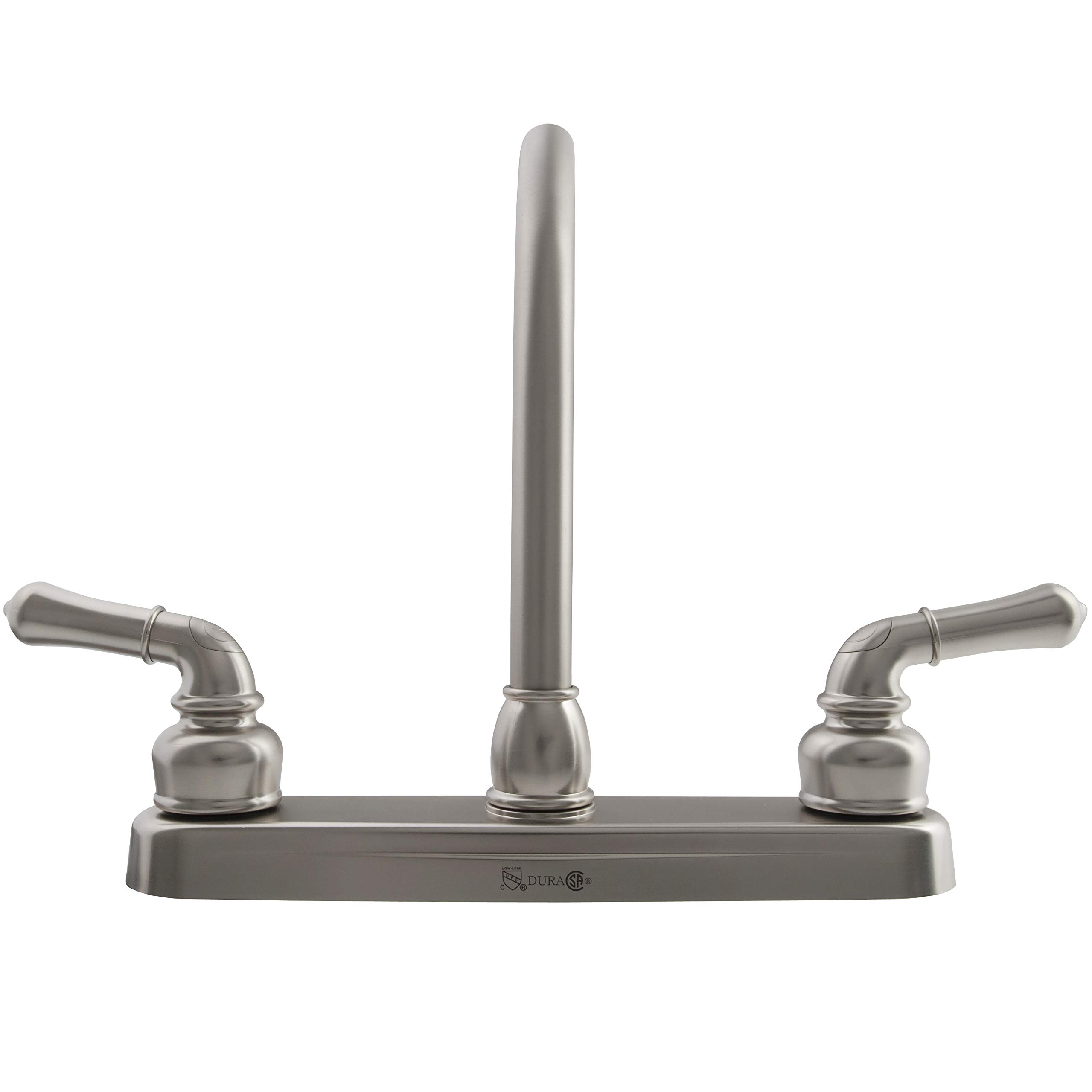**Durable RV Kitchen Sink Faucet - Brushed Satin Nickel Finish, Hi-Rise Design with Classic Levers for Campers & Trailers | Perfect for Outdoor Cooking & Mobile Living**