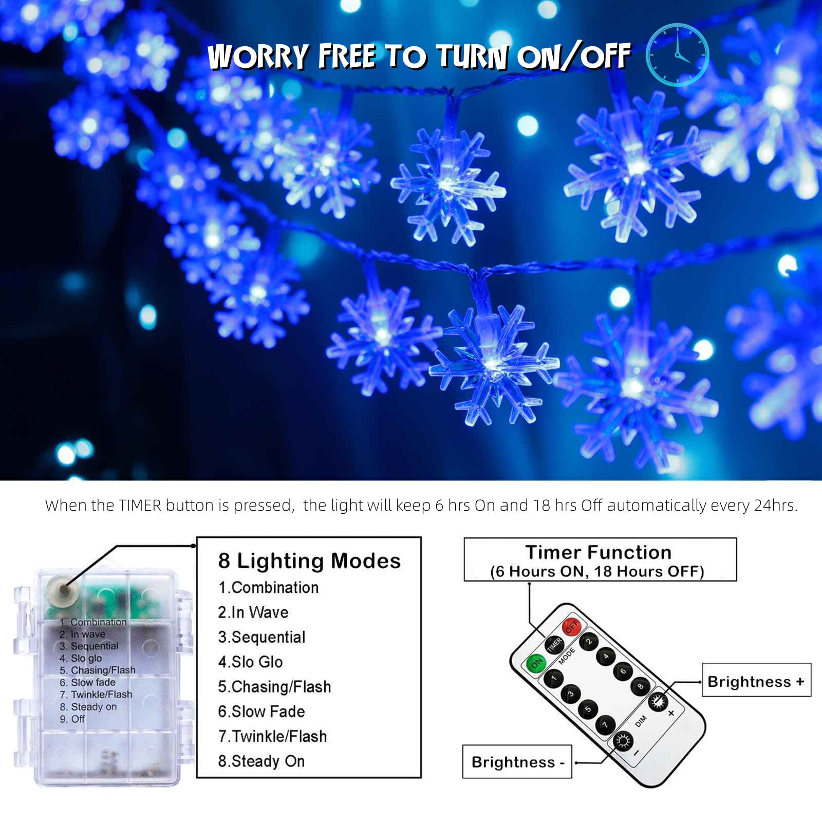 Blue Christmas Snowflake Lights - 20 FT 40 LED Battery Operated Fairy String Lights with Remote, 8 Lighting Modes, Waterproof for Indoor Outdoor Xmas Tree Decor - Perfect for Bedroom, Wall, Party & Holiday Decorations