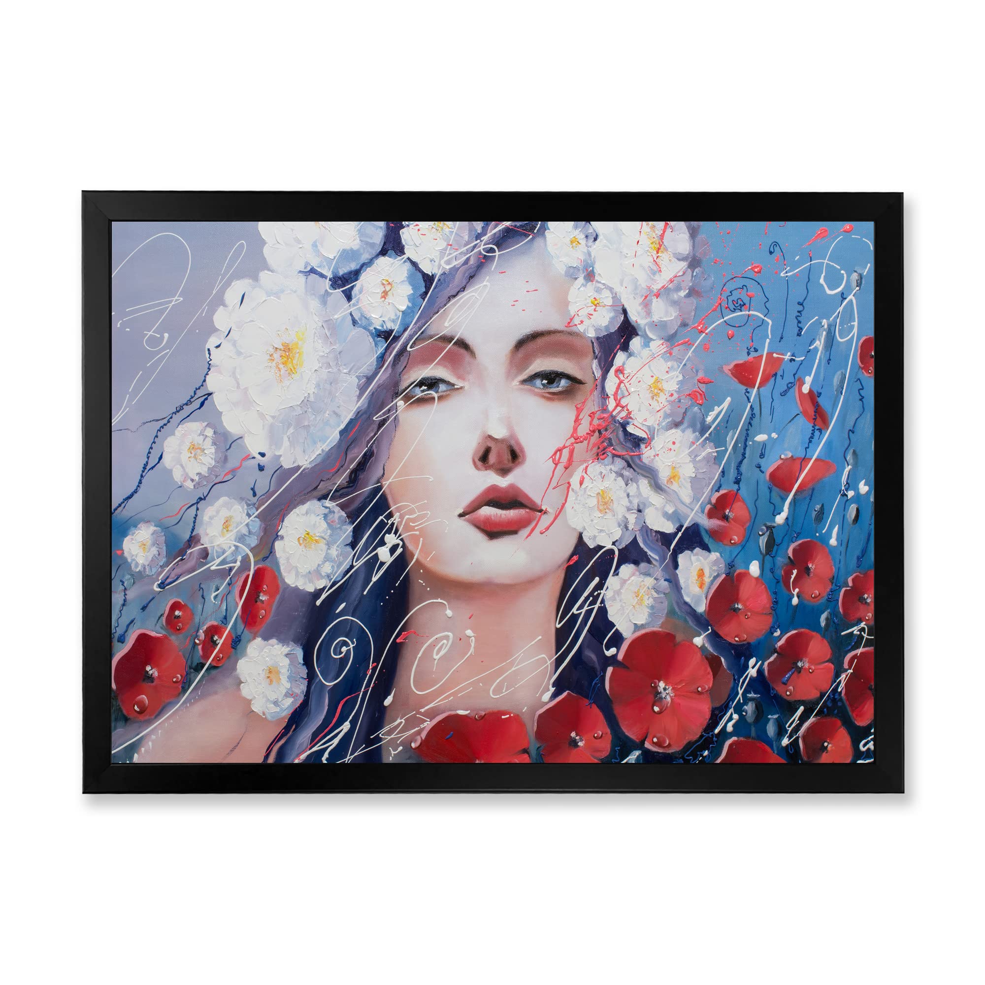 Traditional Framed Wall Art - Portrait of a Young Woman with Red & White Flowers | Elegant Home Decor for Living Room, Bedroom & Office | DesignQ Canvas Painting